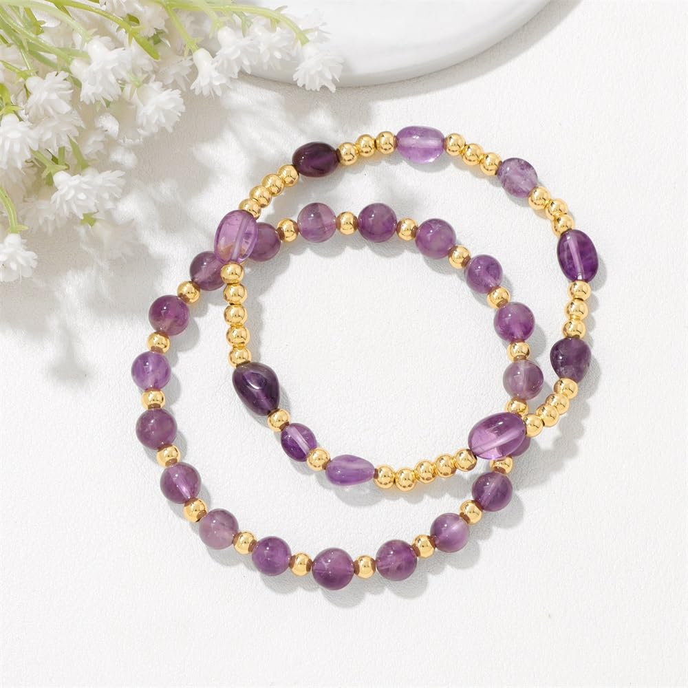 MORIANCE Amethyst Bracelet for Women Amethyst Crystal Bracelet Amethyst Jewelry Gold Bracelets for Women Stack Gold Bead Bracelets Purple Beaded Crystal Gemstone Bracelet for Women