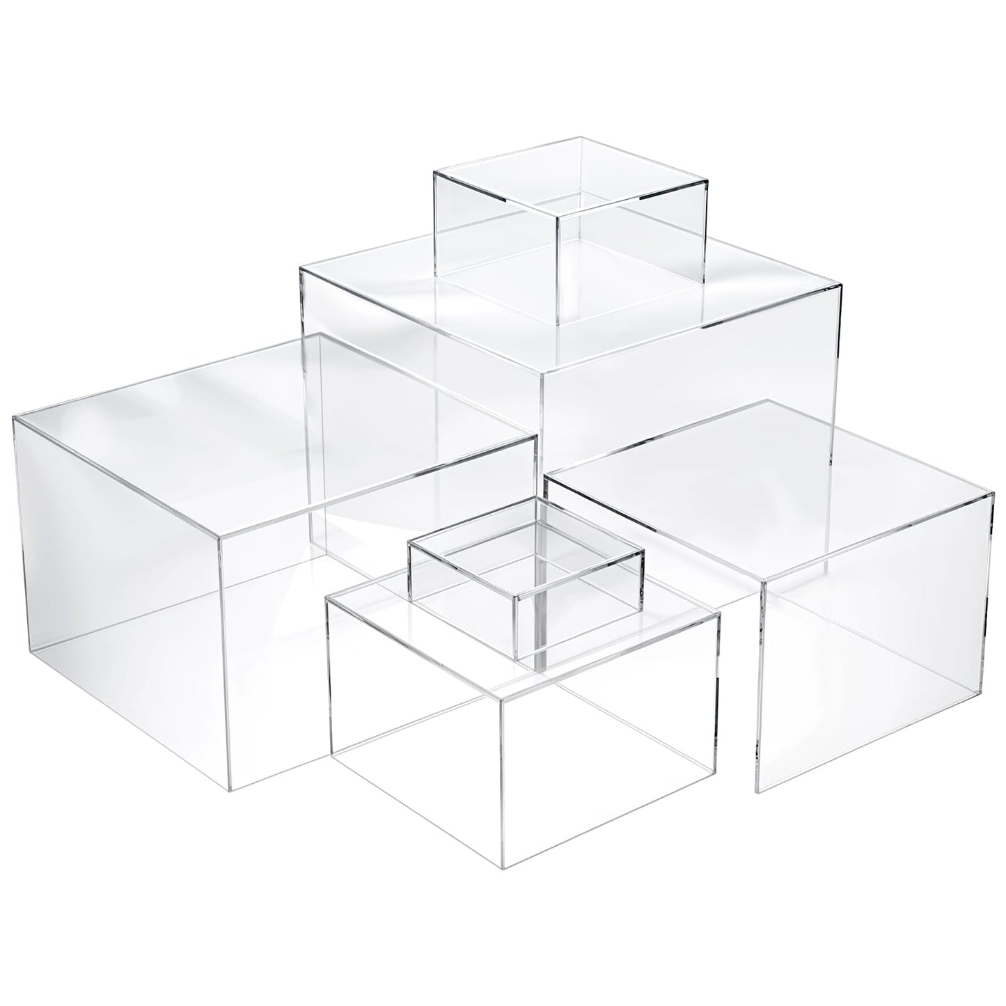 6 Pcs Acrylic Risers for Display Clear Risers Display Stands with Hollow Bottoms 5 Sided Acrylic Cube Boxes Square Nesting Cubes Decorative Stand Shelf for Food Dessert Jewelry Figures Decor 6 Sizes
