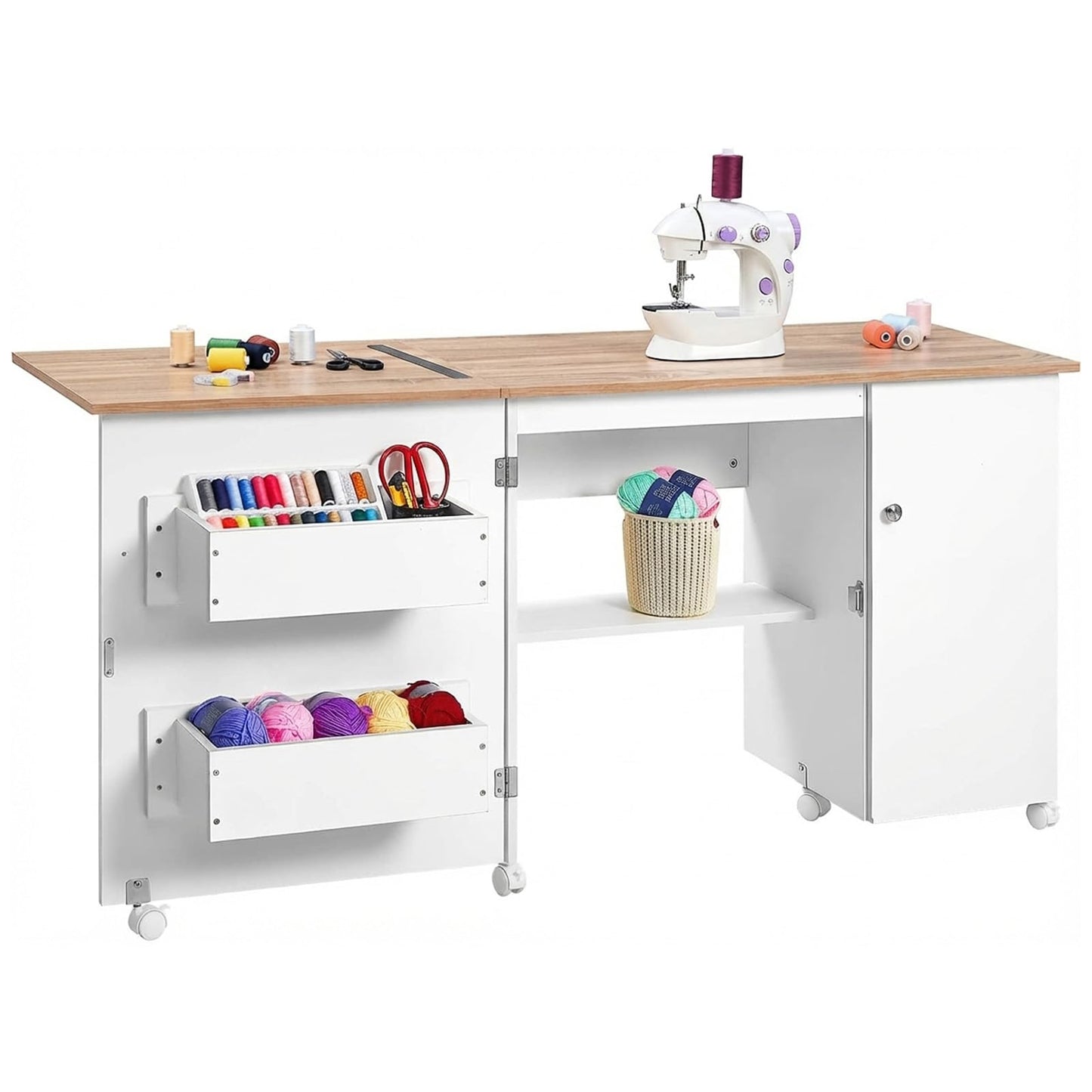 Large Folding Sewing Table, 63" x 19" x 29.5" Multipurpose Portable Craft Station & Side Desk with Compact Design, Caster Wheels, Storage Shelves, 2 Storage Trays, Magnetic Doors, White + Natural