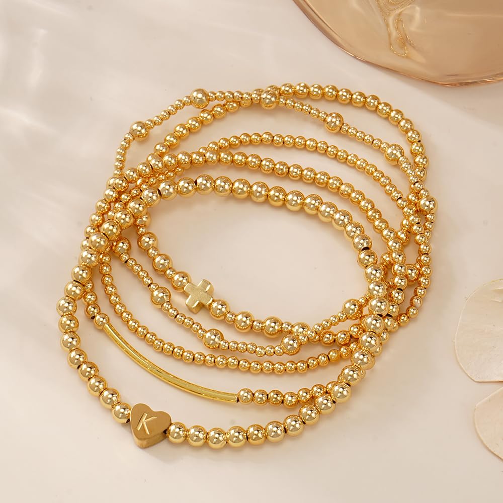 14K Gold Cross Beaded Initial Bracelet Stack for Women,Dainty Stretch Gold Plated Letter “K” Stackable Bracelets Bohemian Layered Prom Party Accessories Jewelry Gift Friendship