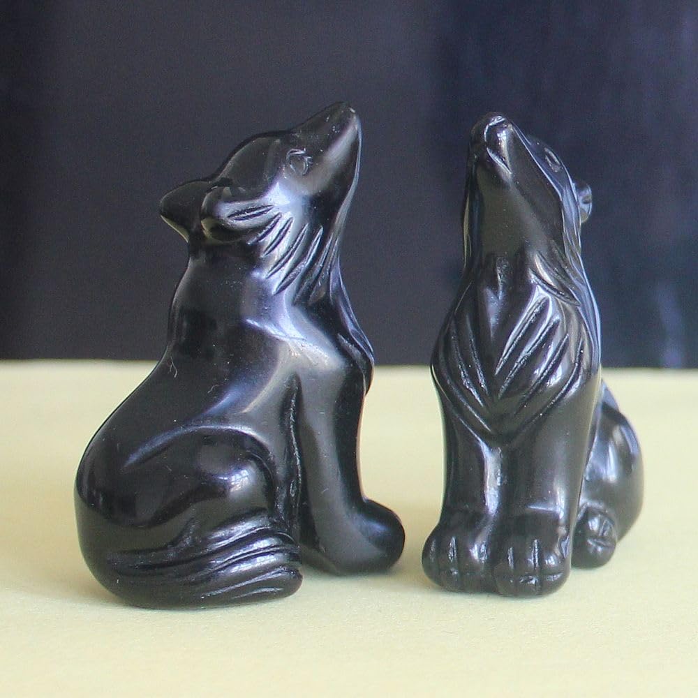 HLbshi Hand Carved Gemstone Crystal Wolf Figurine Animal Statue Carving Office Home Decor Collections 2'' (Black Obsidian)