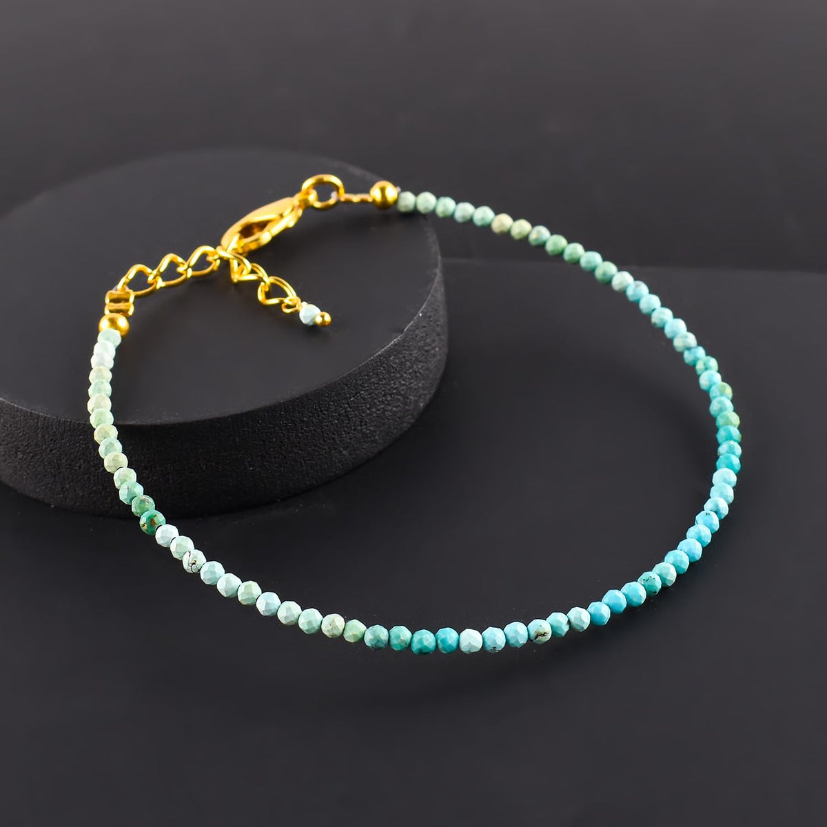 Natural Blue Turquoise Gemstone Micro Beads Dainty Bracelet Jewelry for Women, December Birthstone, Chakra Energy Crystals, 14k Gold Plated Chain 8 inch Adjustable