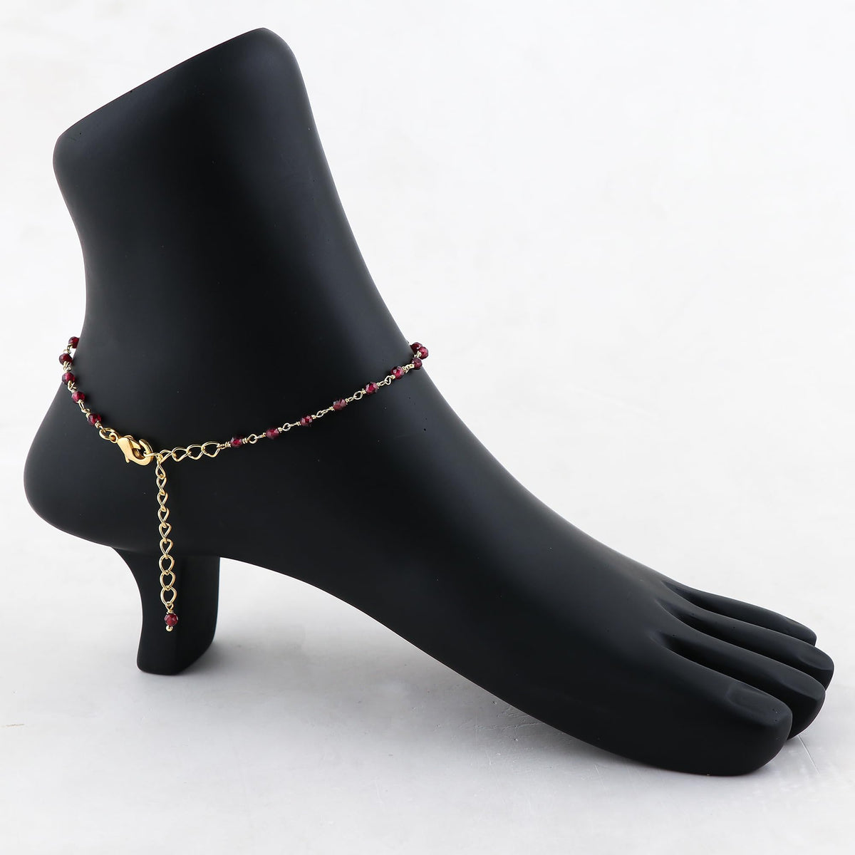 JOR Natural Garnet Beaded Rosary Anklet, Handmade Craft, Anklet Beads Bracelet, Chakra Healing Anklet, Gemstone Women Jewelry, Dainty Gold Plated Anklet 9 inch + 2 inch (1pcs)