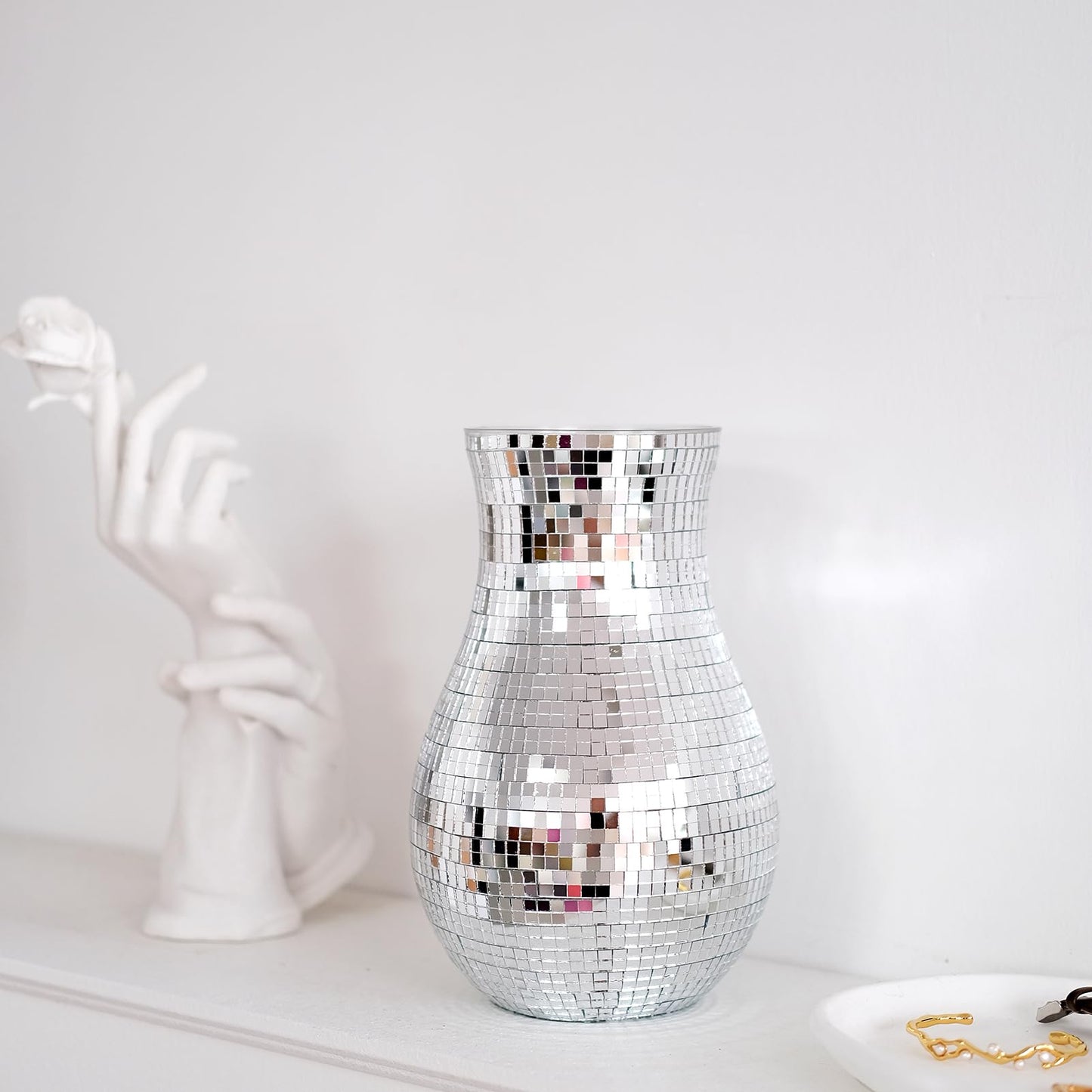 8.7" Disco Ball Flower Vase - Silver Mirrored Mosaic Vase for Centerpieces, Retro 70s Party Decor, Unique Funky Reflective Floral Container for Home, Wedding & Living Room Aesthetics