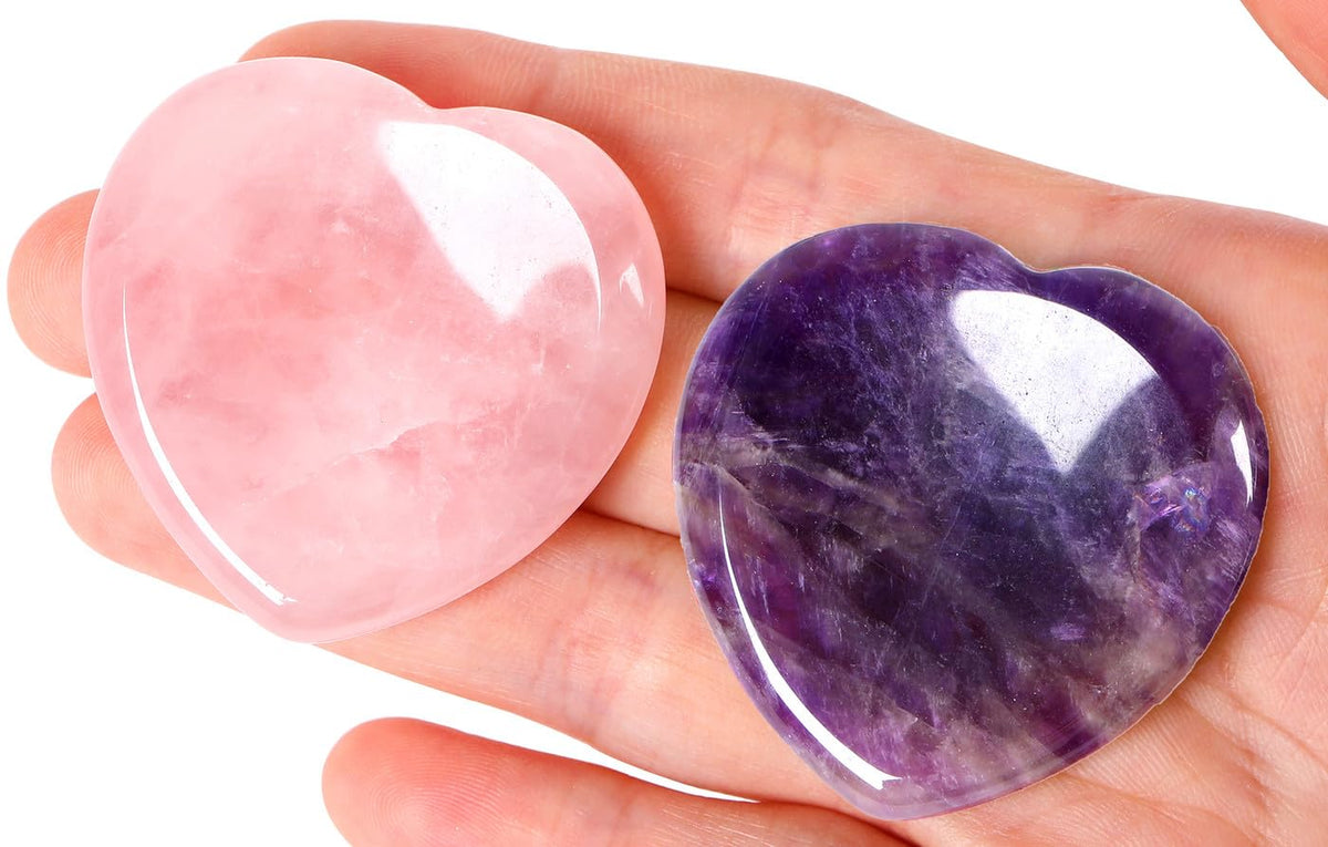QINJIEJIE 2PCS Rose Quartz Crystals Heart Stones Amethyst Hearts Crystal Worry Stones for Anxiety Thumb Palm Polished Gemstone Pocket Gem Hearts Gifts Valentine's Day Gifts Stocking Stuffers for Women