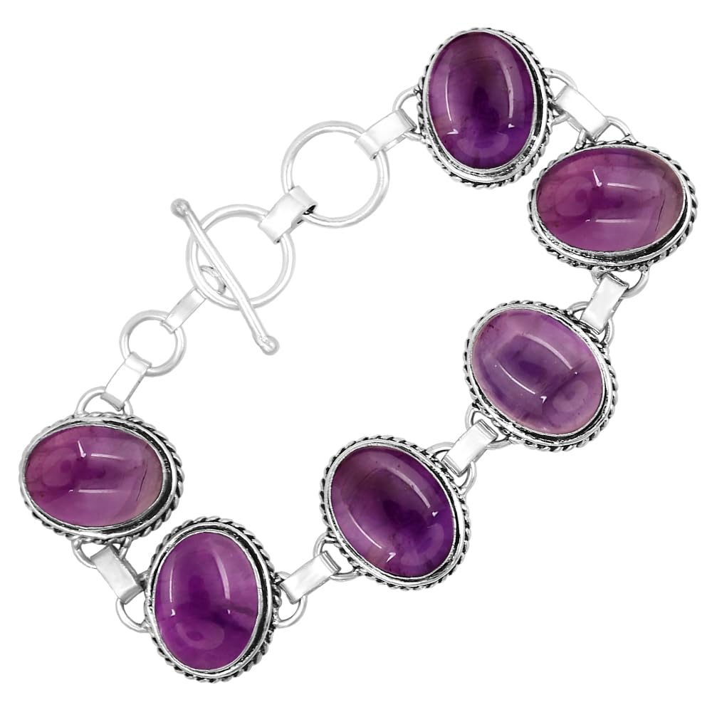 Natural Amethyst Silver Plated Handmade Link Bracelet for Women - February Birthstone Oval Gemstone Adjustable Bracelet Vintage Style Jewelry - Enegagement Wedding Christmas Gifts for Her