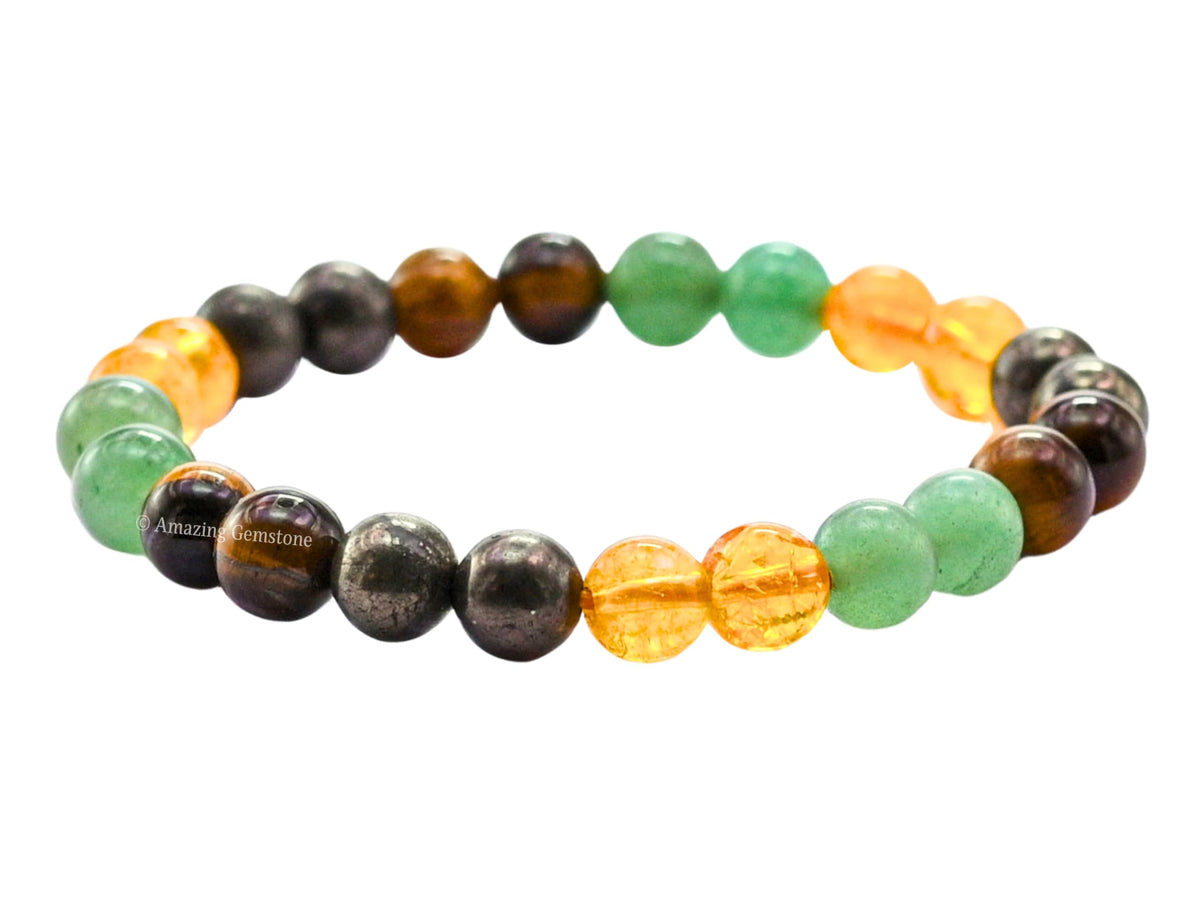Amazing Gemstone Money Success Pyrite Bracelet - Citrine Quartz, Green Aventurine, Tiger Eye Protection Healing Crystal Bracelet - Gemstone Beaded Stretchable Bracelet Pulseras Para Hombres Mujer