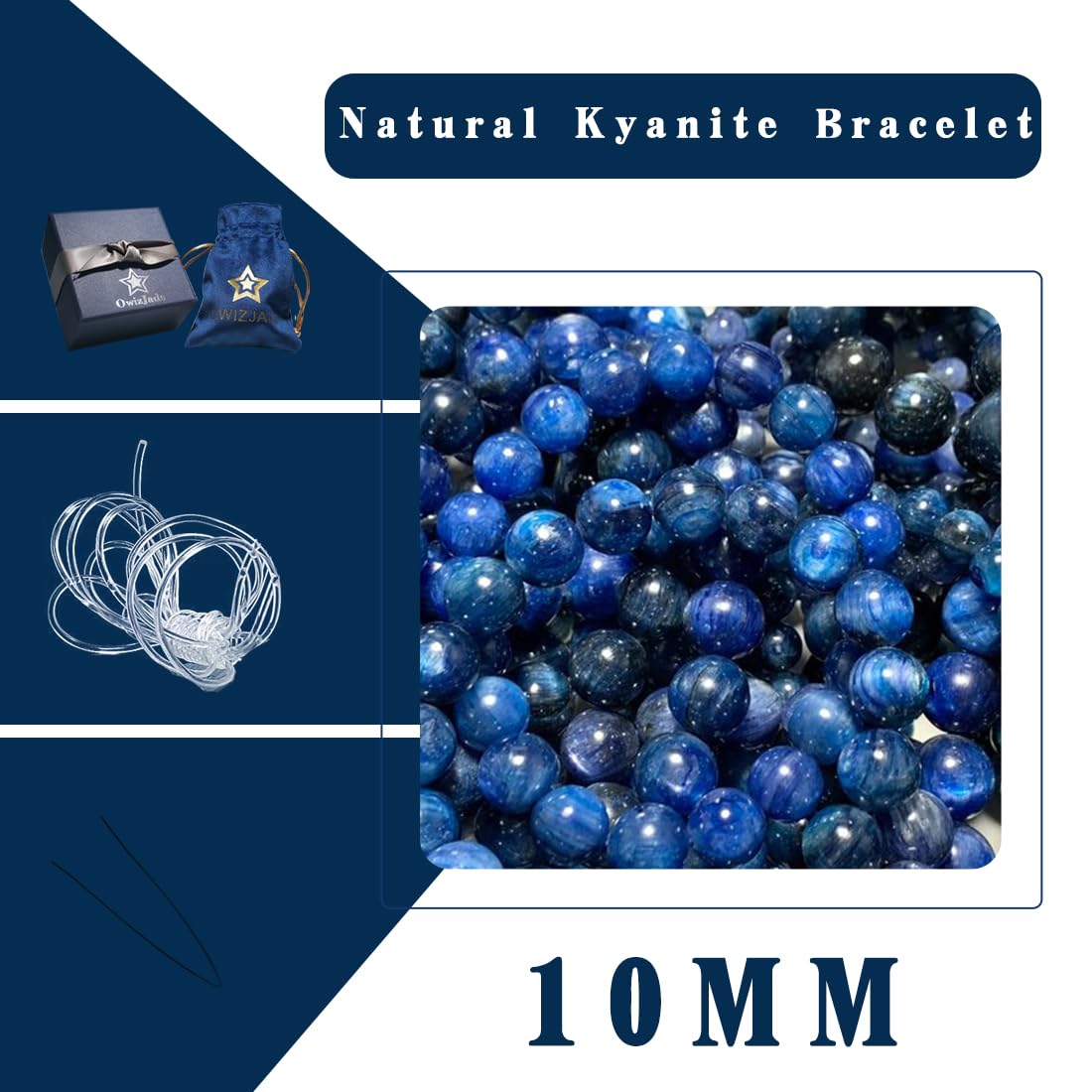 Natural Kyanite Bracelet 10MM for Women Men Beads | Control of Your Life - Fits for About 7.5" Wrist | Anxiety & Stress Relief | Absorb Negative Energy | Come With Box & Velvet Pouch & Beading Kit