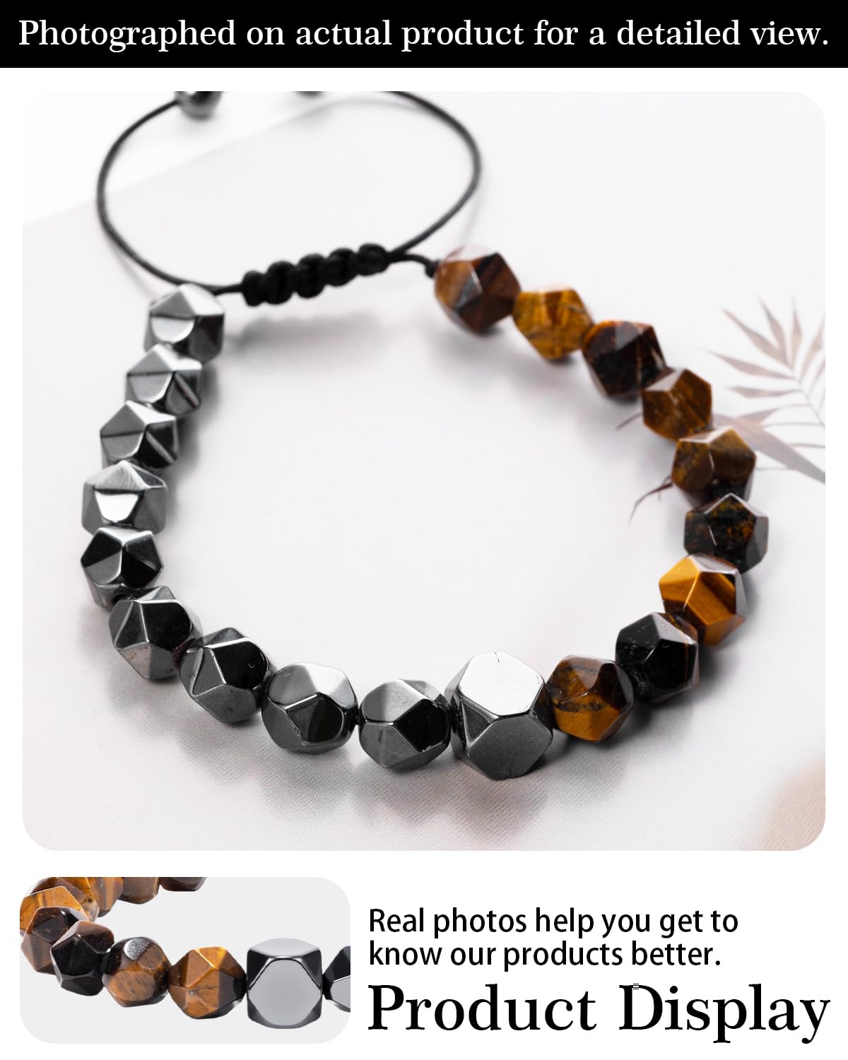 Beaded Bracelet for Men, 10mm Natural Stones Bracelet for Men's Gift, Adjustable Precision-Cut Gemstone Crystal Healing Bracelet, Protection Jewelry Gift with Hematite, Tiger Eye (Tiger Eye & Hematite)
