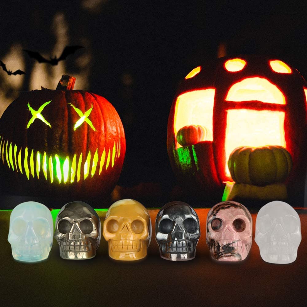 Artistone 2.0" Opalite Crystal Skull Head Decor Statue Crystals and Healing Stones,Carved Skull Halloween Decor Figurine Collectible Reiki Sculpture for Kitchen,Home,Art Room