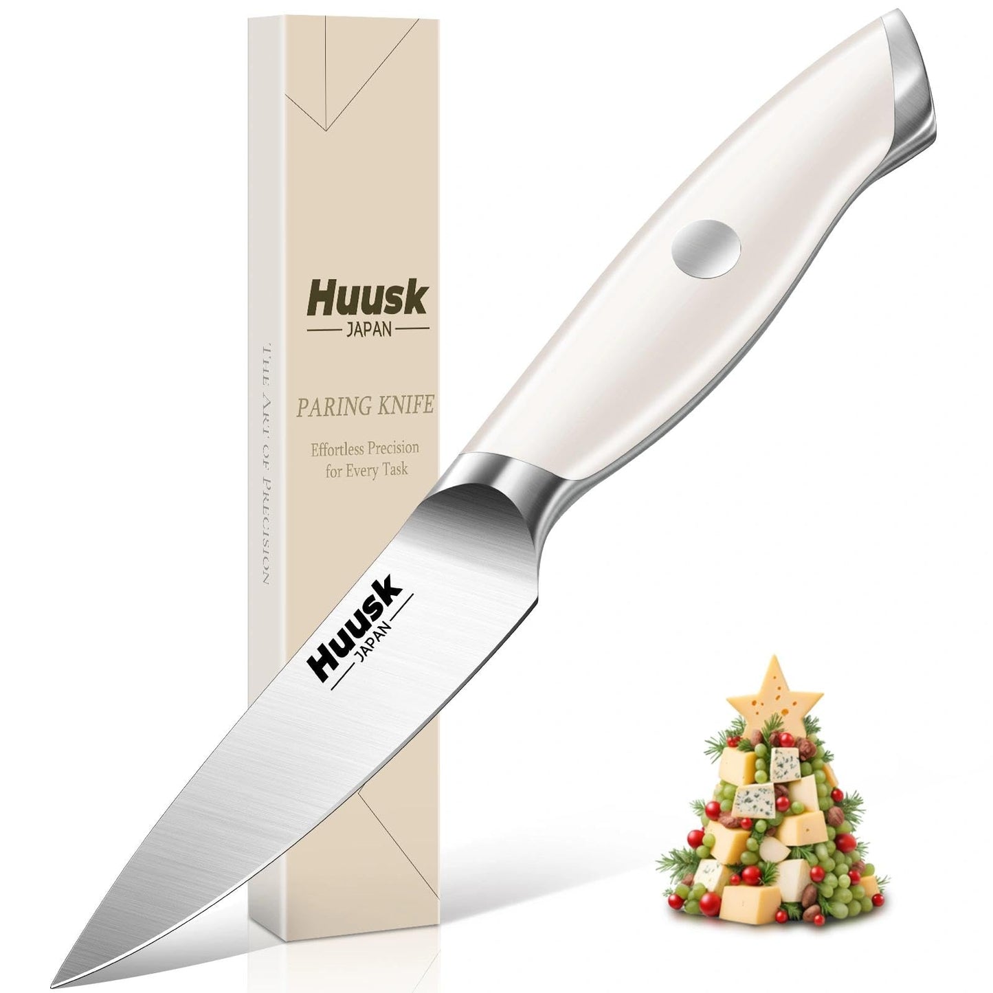 Huusk Paring Knife Ultra Sharp, 3.5" Small Kitchen Knife with Ergonomic Ivory White Handle Well-balanced Vegetable Fruit Knives for Peeling Coring Cutting Present Gift to Men Women