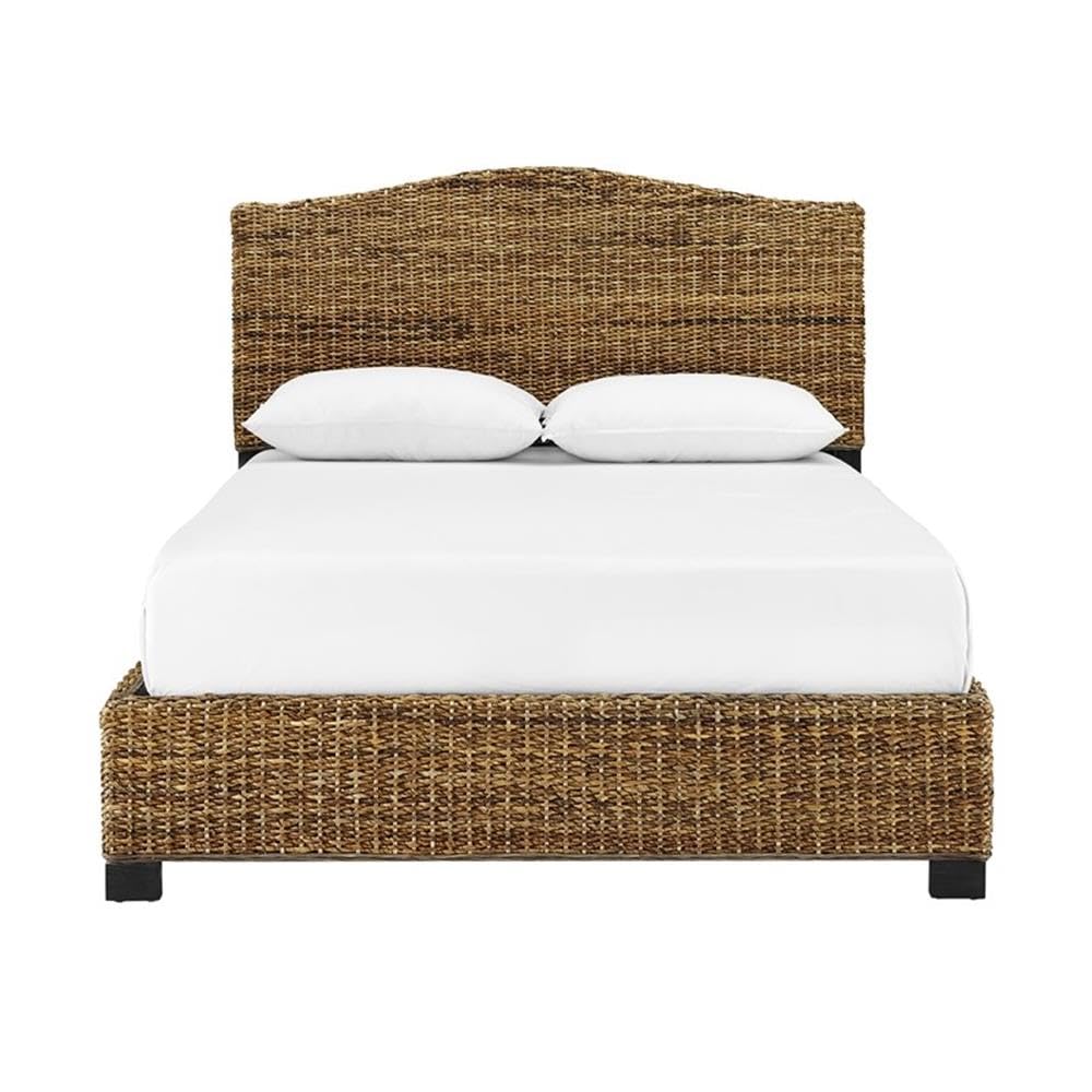 Pemberly Row Coastal Wood/Rattan King Platform Bed, Natural Brown Finish, Handwoven Banana Leaf, Matte Black Feet, 53.75" H x 82.5" W x 86" D, Includes Headboard/Footboard, Rustic Bedroom Furniture