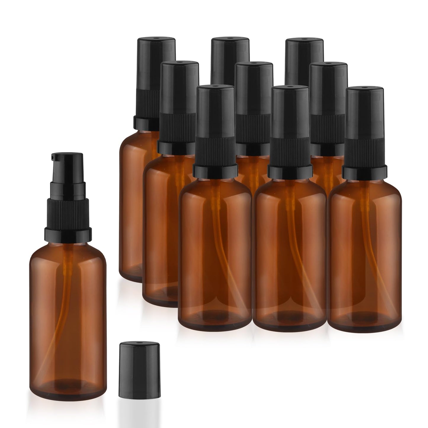10 Pack Empty Amber Glass Pump Bottles Refillable Cream Lotion Bottles Travel Cosmetic Dispenser Bottle for Sample,Liton,Cream,Liquids Aromatherapy and More (50ml/1.7oz)