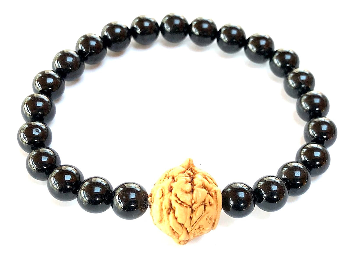 AWAKEN YOUR KUNDALINI Black Tourmaline & Bodhi Satva Bead Stretch Bracelet – 8mm & 14mm (Wrist Size 7.5 Inches)