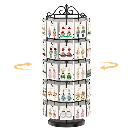 EsLuker.ly Earring Holder Organizer Rotating Display Tree Stand, Adjustable Height Earring Card Hanger Rack with 50 Hooks for Vendors Market Selling, 5 Tier Metal Jewelry Storage Tower, Black