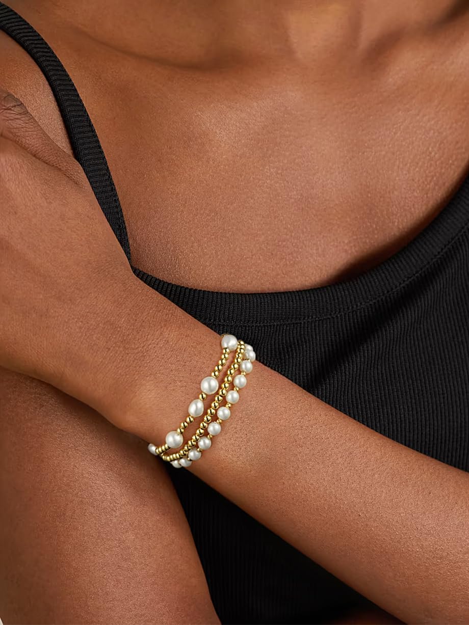 Gold Pearl Bracelets for Women Baroque Beaded Stackable14K Gold Plated Stretch Bead Ball Bracelet Jewelry Gifts （3PCS)