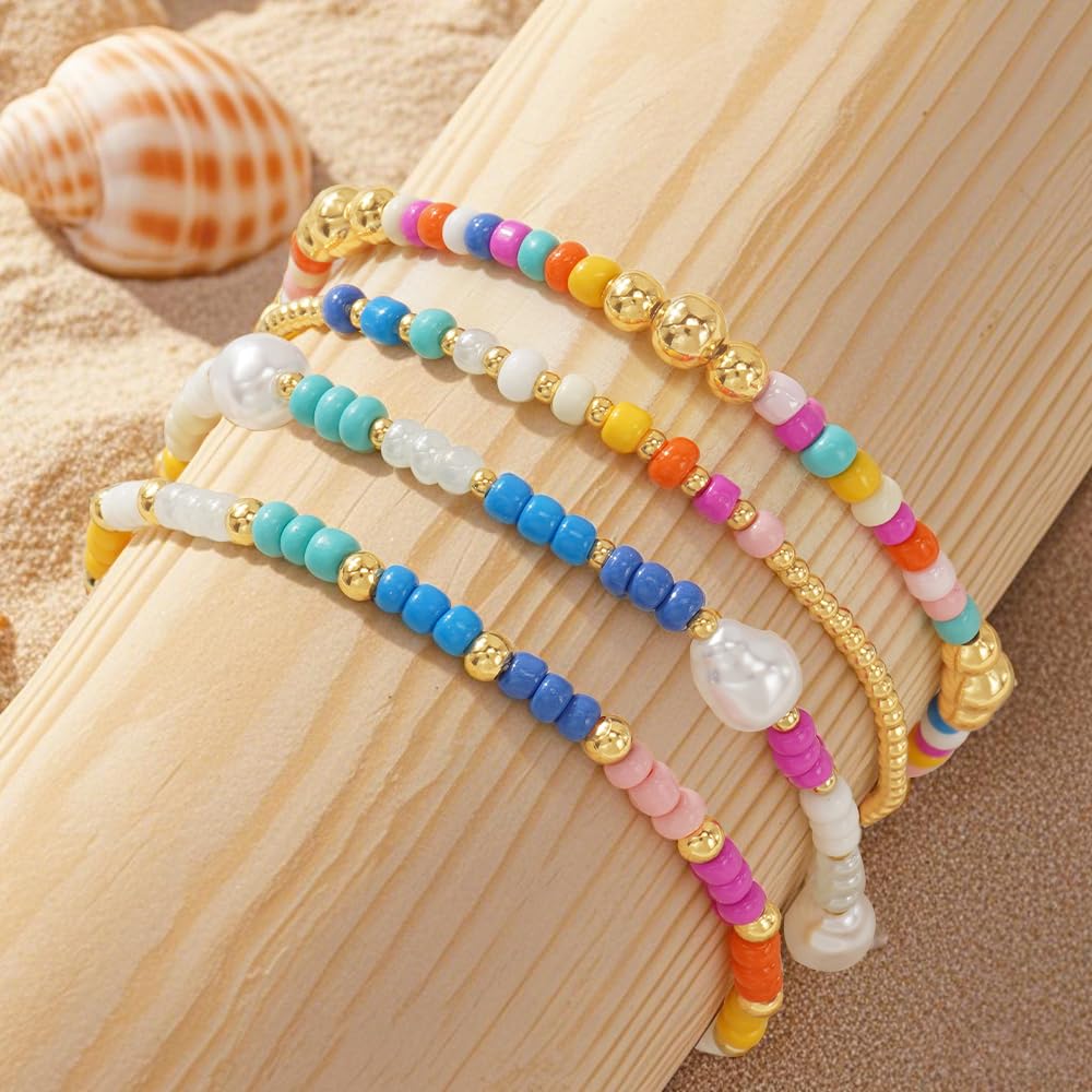 Bohxantium Gold Beaded Bracelets for Women Stack - Boho 14K Gold Plated Stretch Stackable Bracelets Set Pearl Colorful Seed Beads Trendy Dainty Jewelry Summer Beach Jewelry Gift