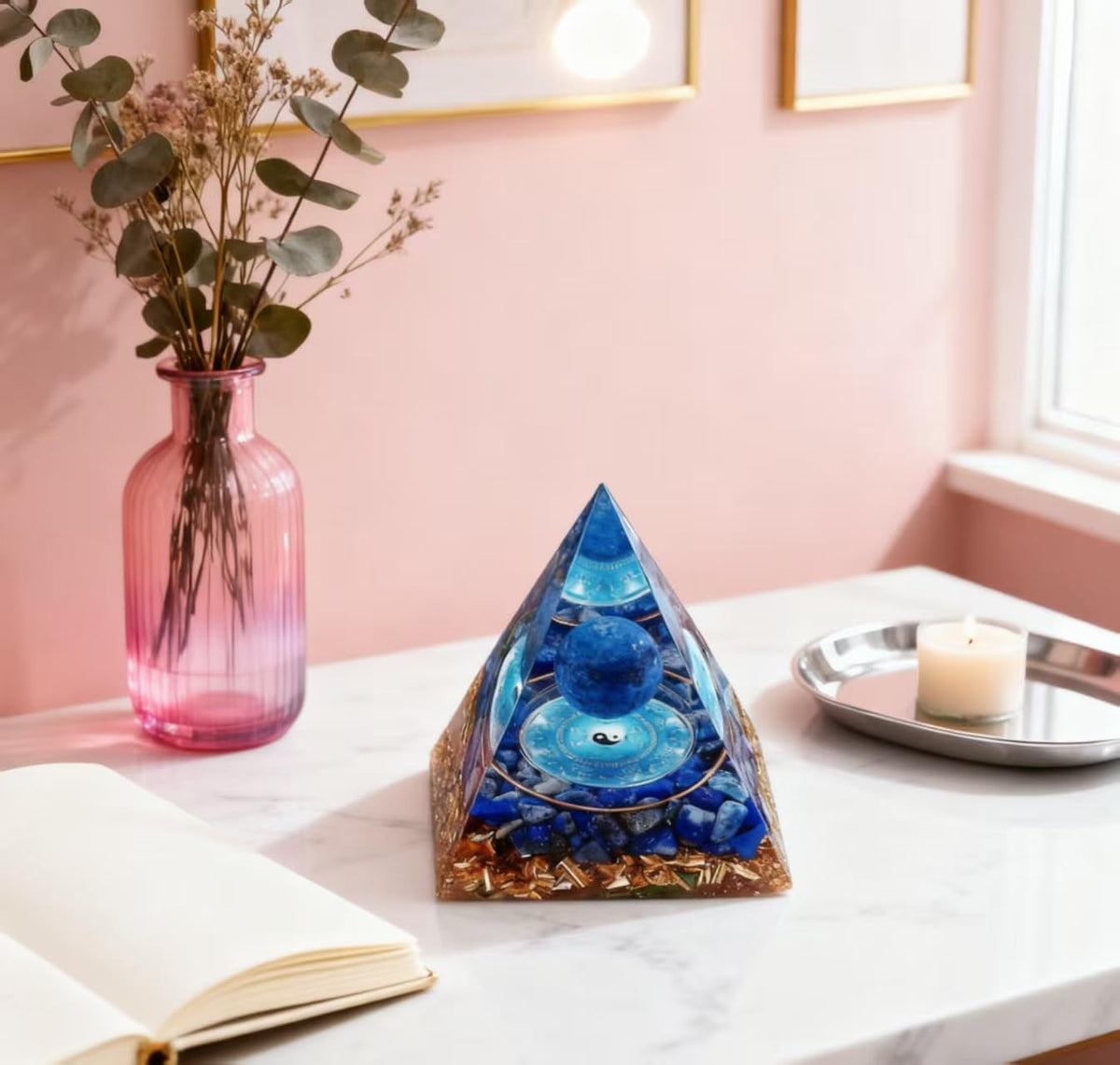 ycyingcheng Moonstone Crystal Orgone Pyramid Ogan Crystal Energy Tower, Nature Reiki Chakra Crushed Stone Jewelry, Crystal Pyramid for Home Decor Lapis Lazuli