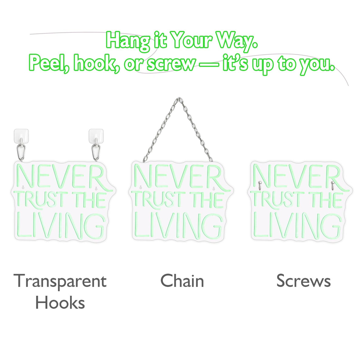 NEVER TRUST THE LIVING LED Neon Sign - 16.5 × 12.6" LED Green Gothic Wall Decor for Halloween, Bedroom, Bar, Horror Movie Theme, Spooky Aesthetic Room Decor, USB Powered
