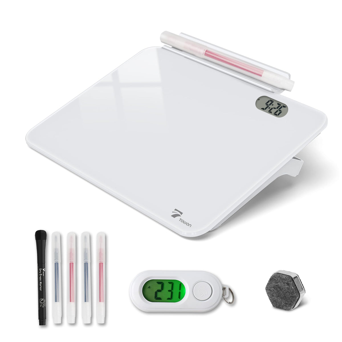 Small Glass Desk Whiteboard Dry-Erase Board with Clock, Small Travel Clock Keychain with Desk Notepad, Time Table Whiteboard for Desk Digital LED Light Display, 8x6 in with Accessories, White