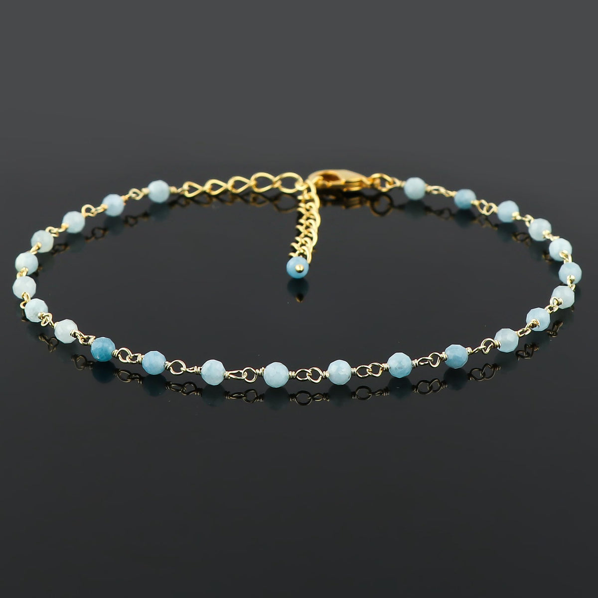 JOR Natural Aquamarine Beaded Rosary Anklet, Handmade Craft, Anklet Beads Bracelet, Chakra Healing Anklet, Gemstone Women Jewelry, Dainty Gold Plated Anklet 9 inch + 1.5 inch (1pcs)