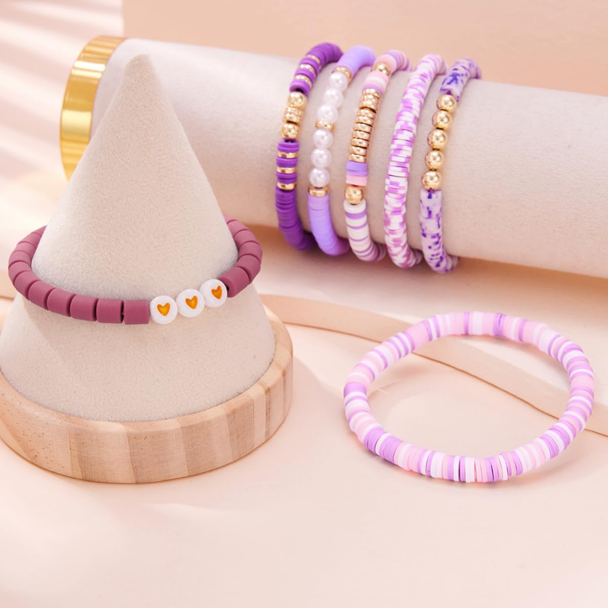 YEOSMINE Boho Heishi Clay Beaded Stretch Bracelets Stack For Women, Preppy Teens Friendship Gold Bracelets Cute Beach Surfer Accessories Bulk Set Trendy Fashion Jewelry