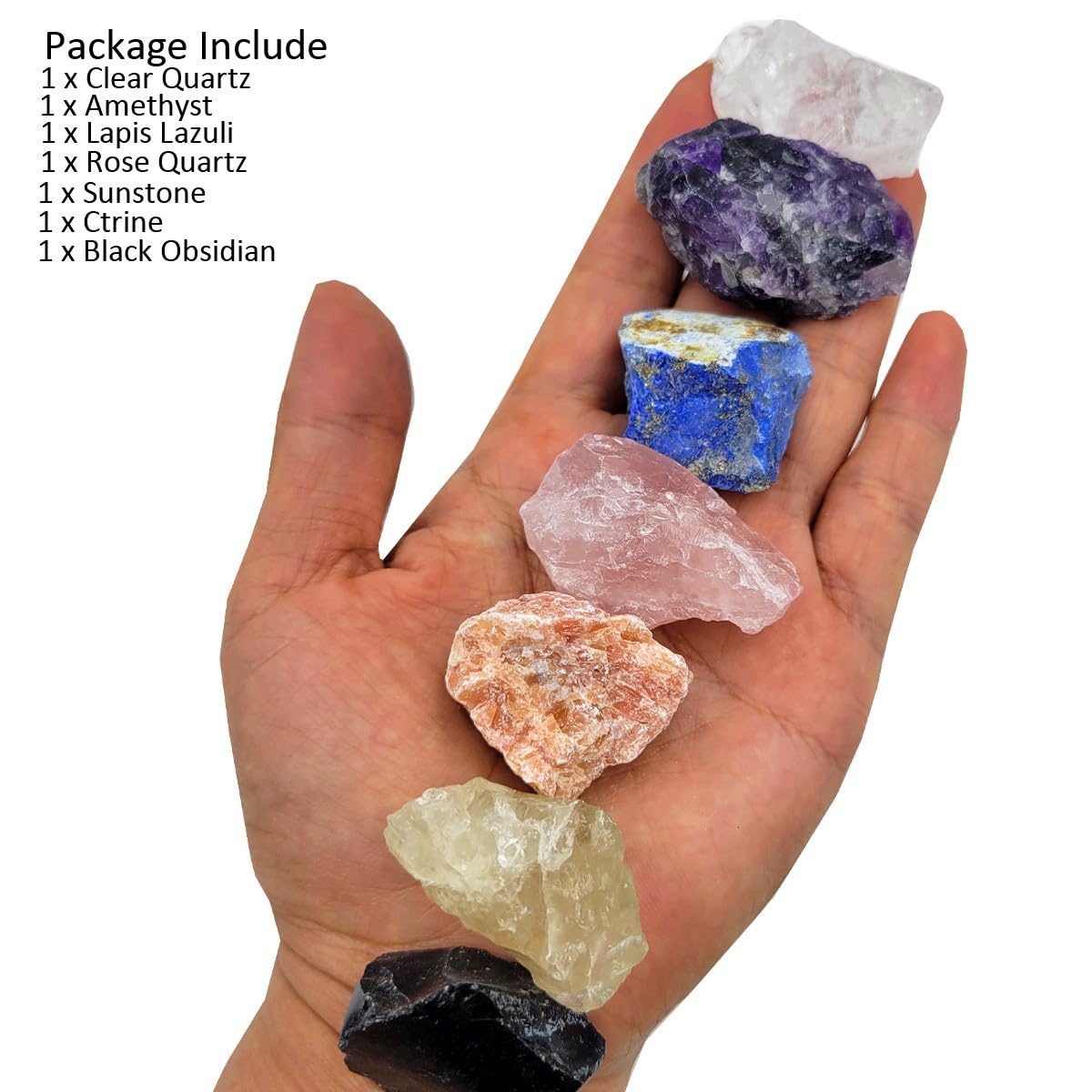 7Pcs Energy Crystals for Beginners Raw Crystals Set of Clear Quartz,Lapis Lazuli,Sunstone,Amazonite,Black Obsidian,Amethyst,Citrine,Rose Quartz (Crystals for Beginners)