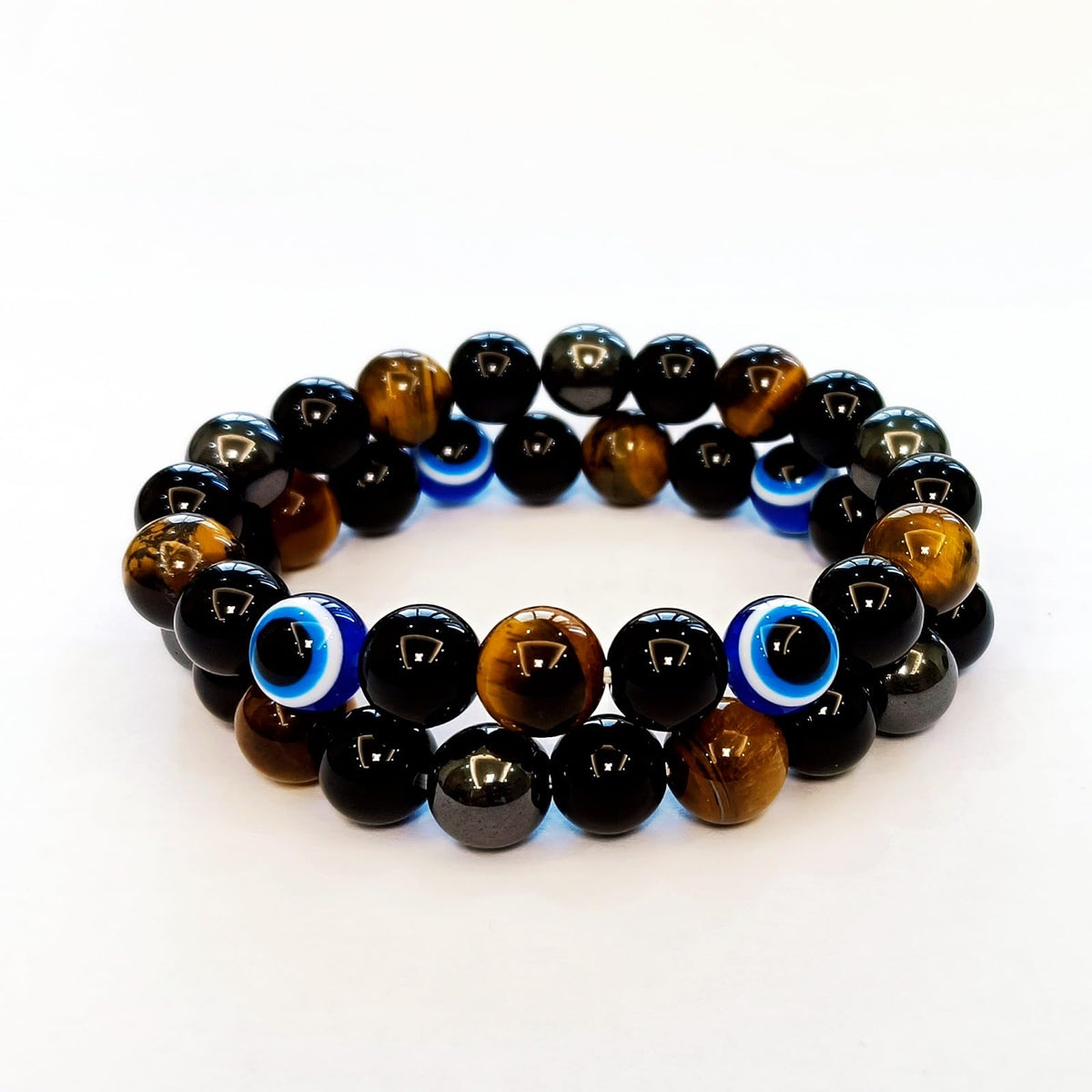 WEFRIN Evil Eye with Hematite Black Obsidian Tiger Eye Stone Triple Protection Bracelets for Men Women, Crystal Healing Stone Bracelet Bring Luck Prosperity and Happiness Jewelry (D-10mm)