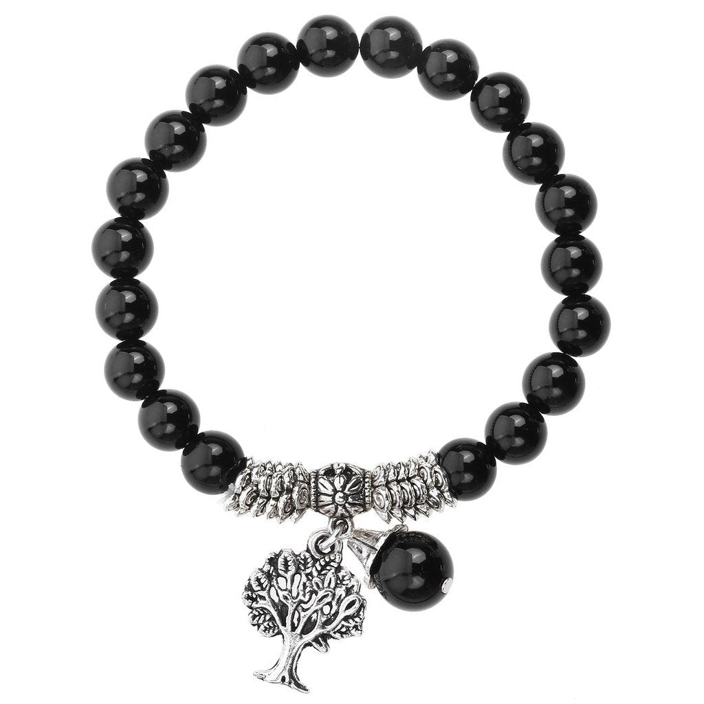 Jovivi 8MM Natural Black Agate Onyx Gemstone Healing Point Tree Life Lucky Charm Stretch Bracelet