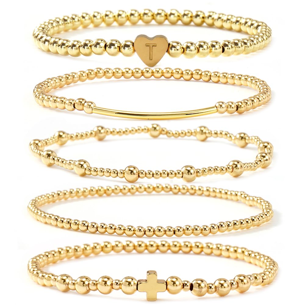 14K Gold Cross Beaded Initial Bracelet Stack for Women,Dainty Stretch Gold Plated Letter “T” Stackable Bracelets Bohemian Layered Prom Party Accessories Jewelry Gift Friendship