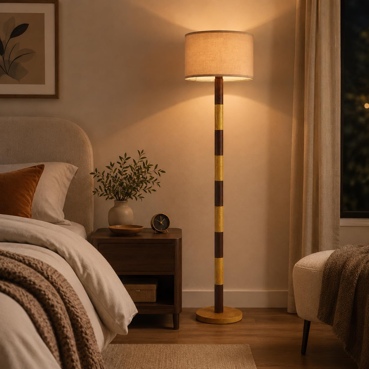 CozyCanyon 65" Wood Pattern Floor Lamp for Living Room, Dimmable Standing Lamp with Remote and Foot Switch, Rustic Tall Floor Lamp Linen Shade for Bedroom, Corner, Living Room, Home Decor.