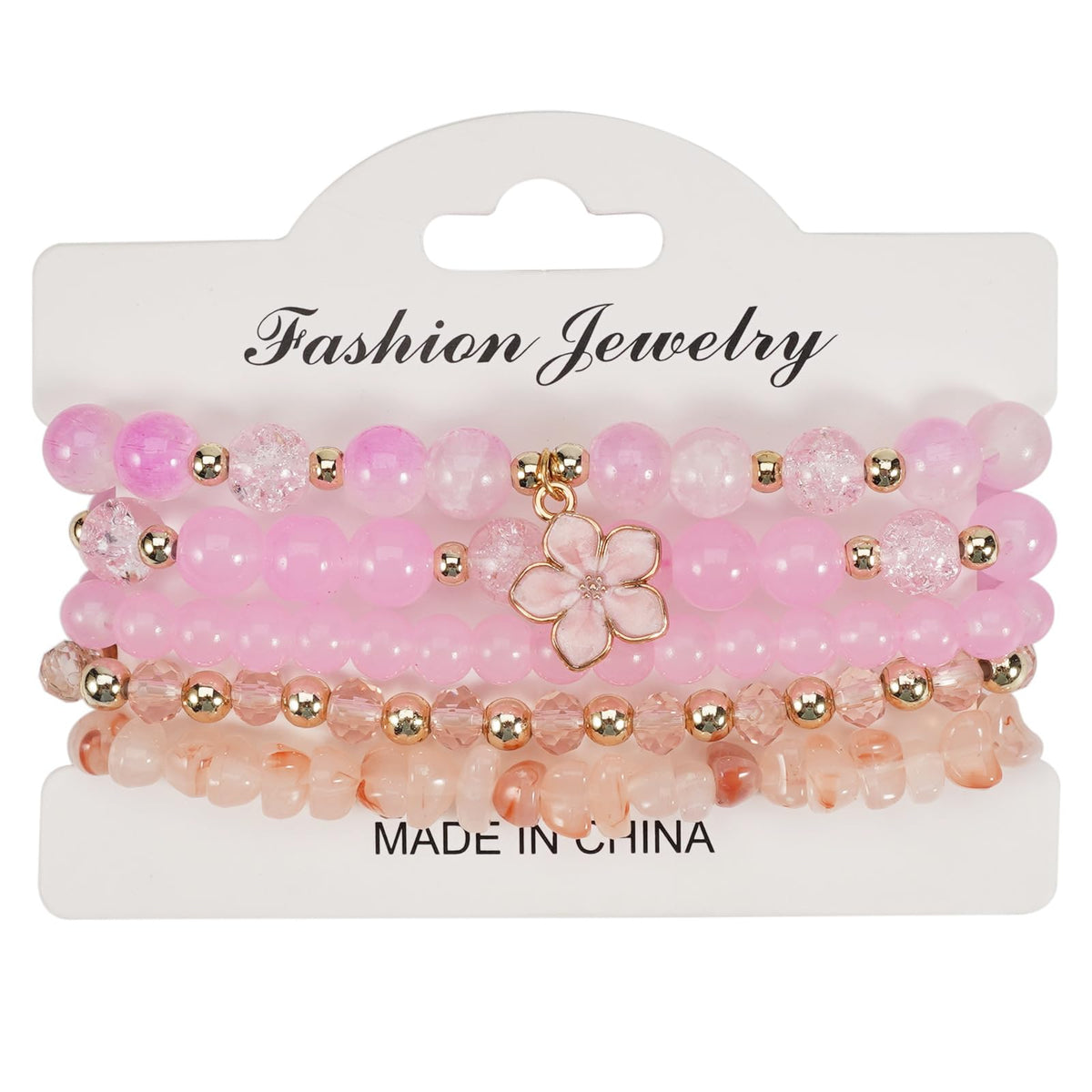 LOTSOF Boho Flower Beaded Bracelet Set for Women - Multilayer Crystal & Flower Charm Stackable Bracelets, Fashion Jewelry Gift for Her (Pink)