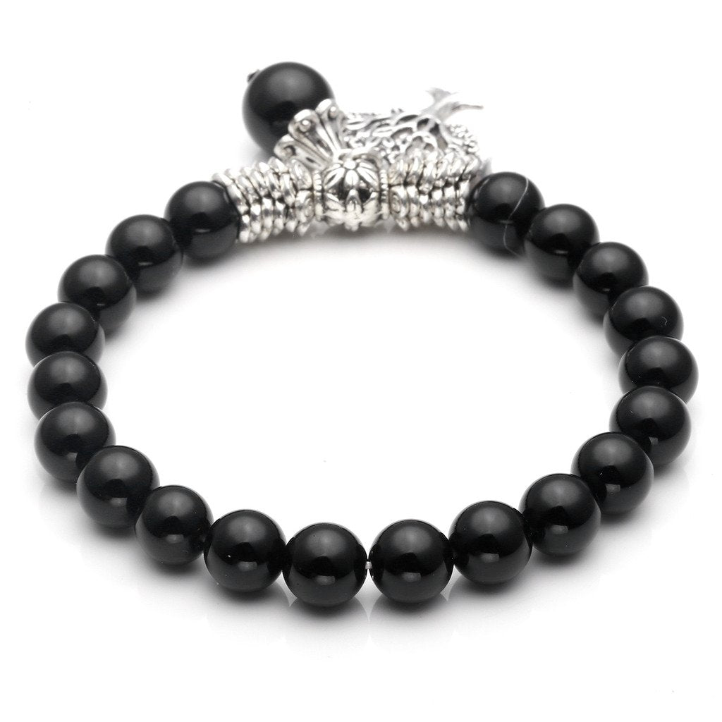 Jovivi 8MM Natural Black Agate Onyx Gemstone Healing Point Tree Life Lucky Charm Stretch Bracelet