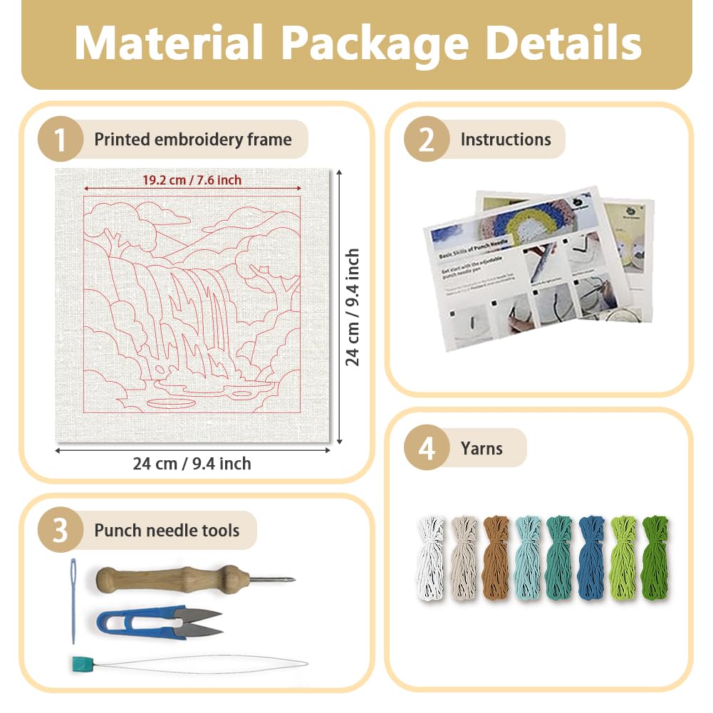 Doodlream Mountain Waterfall Landscape Needle Kit for Beginner, 9.4"x 9.4" Nature Punch Stitching Craft Set, Color DIY Embroidery Starter with Printed Frame, Instruction, Threader, Yarn, Pinch Needle