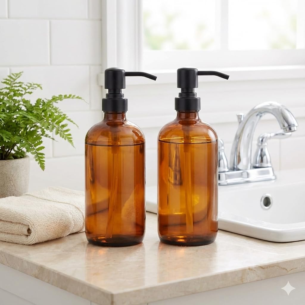2 Pack Thick Amber Glass Pint Jar Soap Dispenser with Matte Black Stainless Steel Pump, 16ounce Boston Round Bottles Dispenser with Rustproof Pump for Essential Oil, Lotion Soap