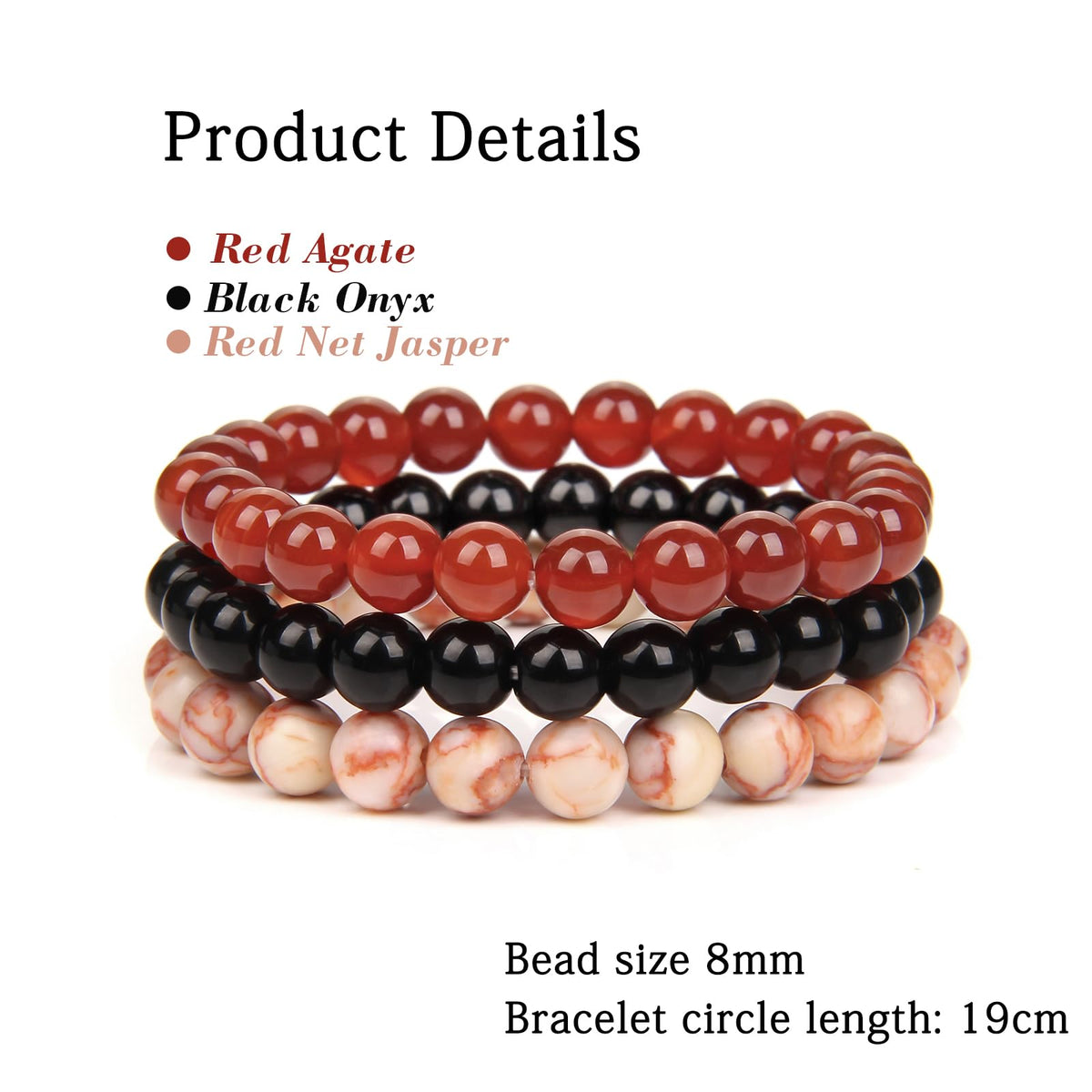 Risyfjew 3 PCS Healing Crystal Bracelet Women 8mm Natural Stone Beaded Stretch Bracelet Red Agate Net Jasper Jewelry Gifts