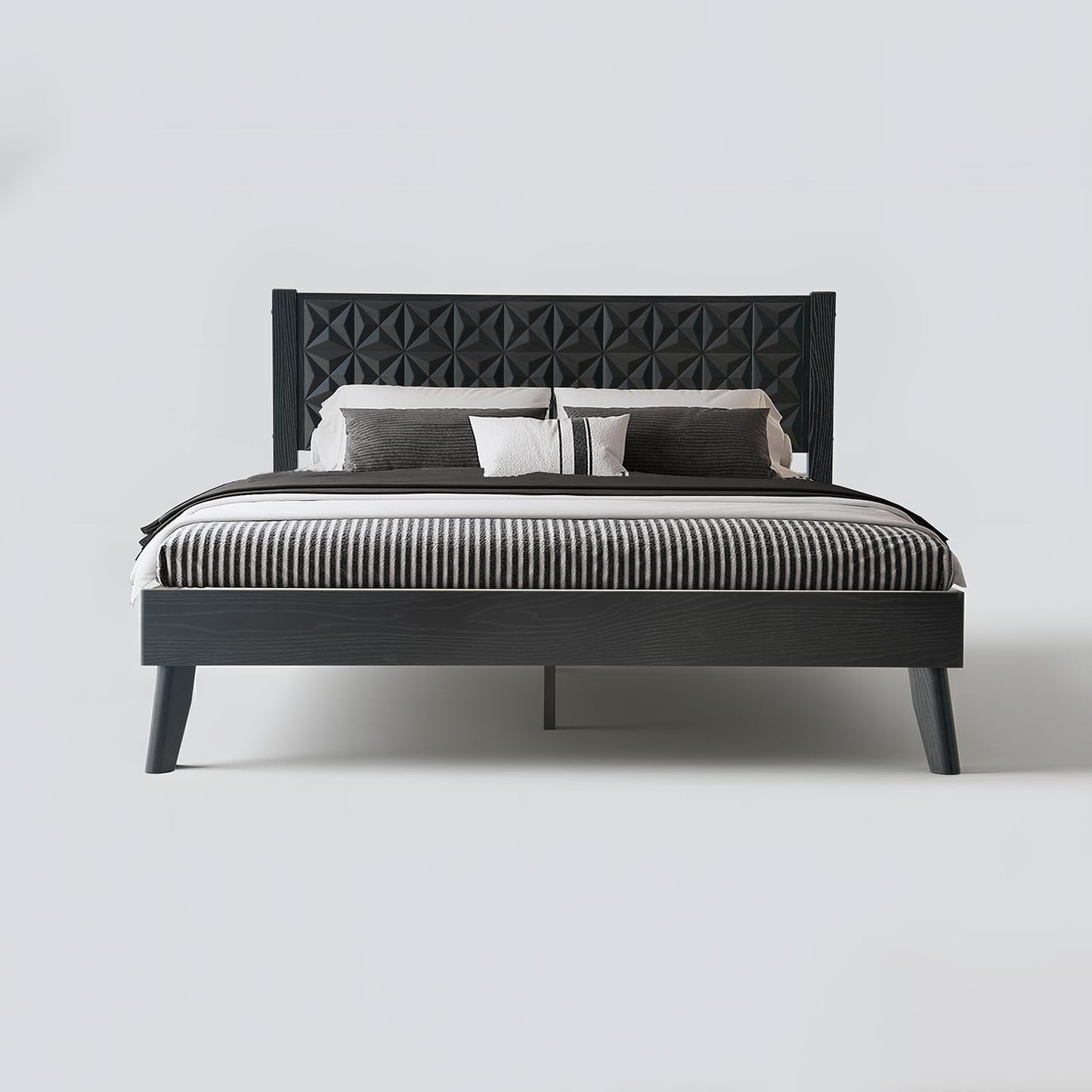 Queen Size Platform Bed Frame with Headboard & Footboard, Center Metal Legs, 12 Solid Wood Slatted Base, Easy Assembly, No Box Spring Needed, Noise-Free & Anti-Slip, Ebony Oak Finish UPQ-35