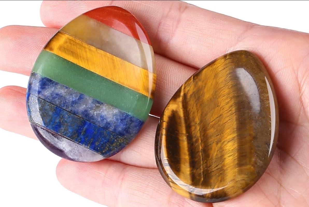 QINJIEJIE Crystal Thumb Worry Stone for Anxiety Healing Crystals Chakra Stones Tiger's Eye Water Drop Palm Worry Stones Meditation Crystal Stress Relief Items Gift for Him Stocking Stuffers 2PCS