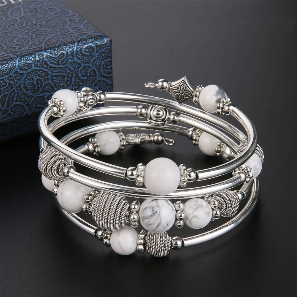 PEARL&CLUB Beaded Chakra Bangle Turquoise Bracelet - Fashion Jewelry Wrap Bracelet with Thick Silver Metal and Mala Beads, Birthday Gifts For Women(Howlite)