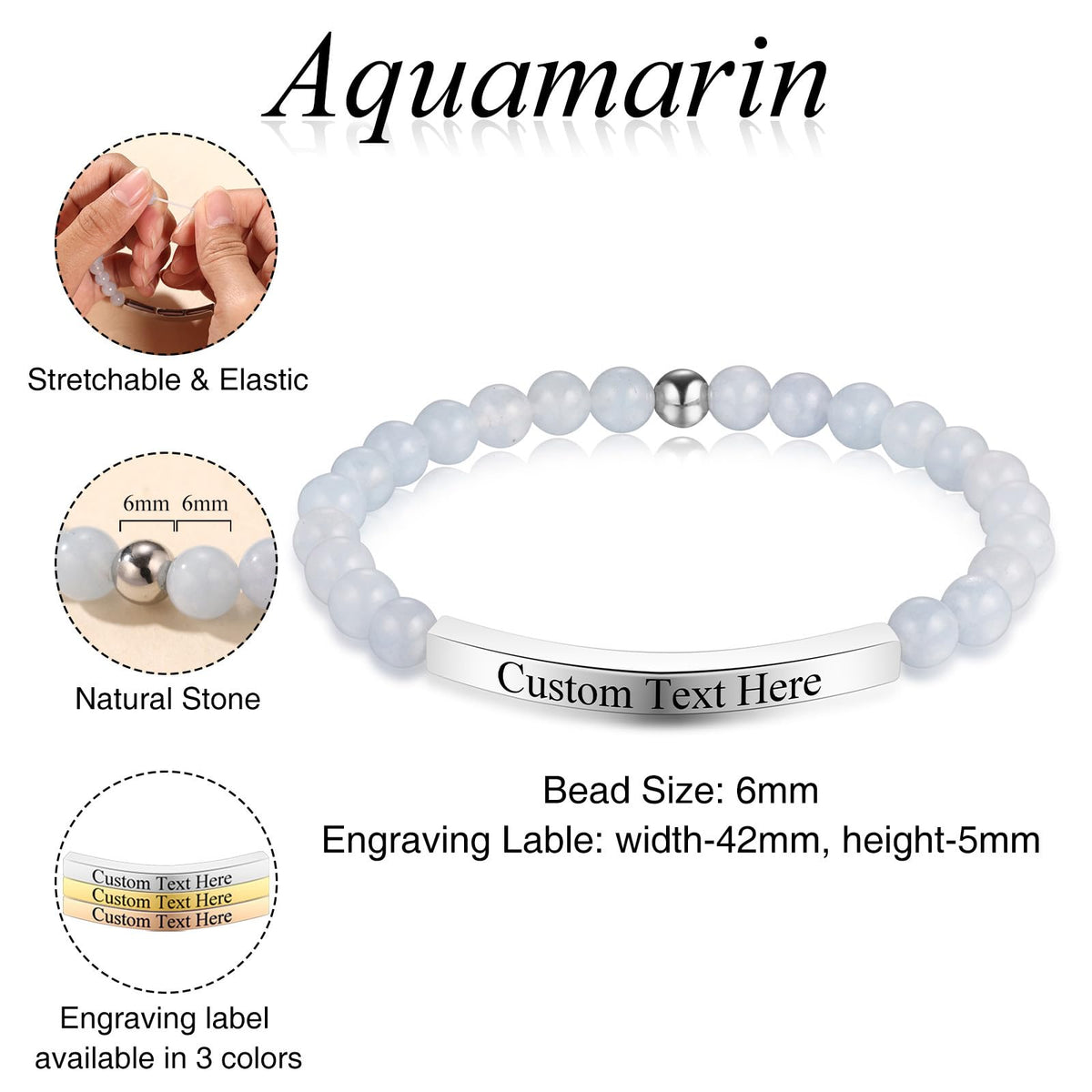 INBLUE Personalized Beaded Bracelets for Women with Engraved Name Natural Stone Stretch Inspirational Bracelet Personalized Jewelry Gift for Mom Wife Friends - Style 04