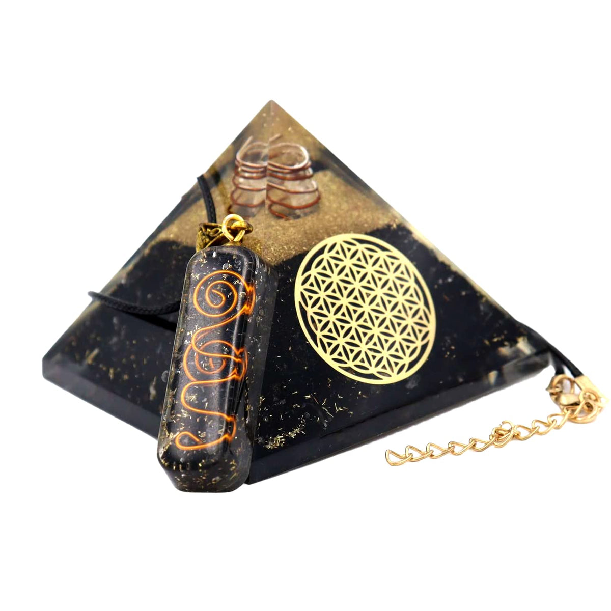 Real Crystal Black Tourmaline Orgonite Pyramid W/Flower of Life Healing Crystal Pendant, Pyramid Crystal Gemstone Pyramid for Meditation, Motivation, Positivity - Handmade in India