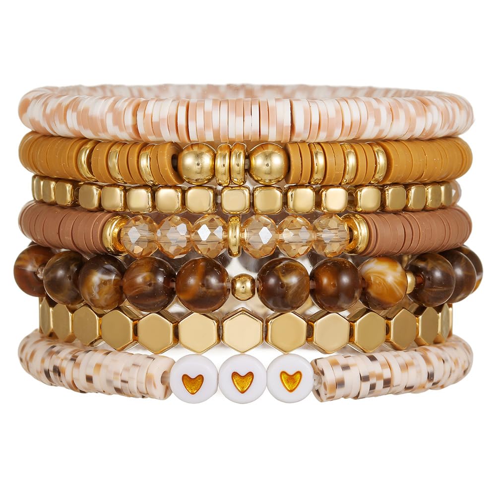 YEOSMINE Boho Heishi Clay Beaded Stretch Bracelets Stack For Women, Preppy Teens Friendship Gold Bracelets Cute Beach Surfer Accessories Bulk Set Trendy Fashion Jewelry