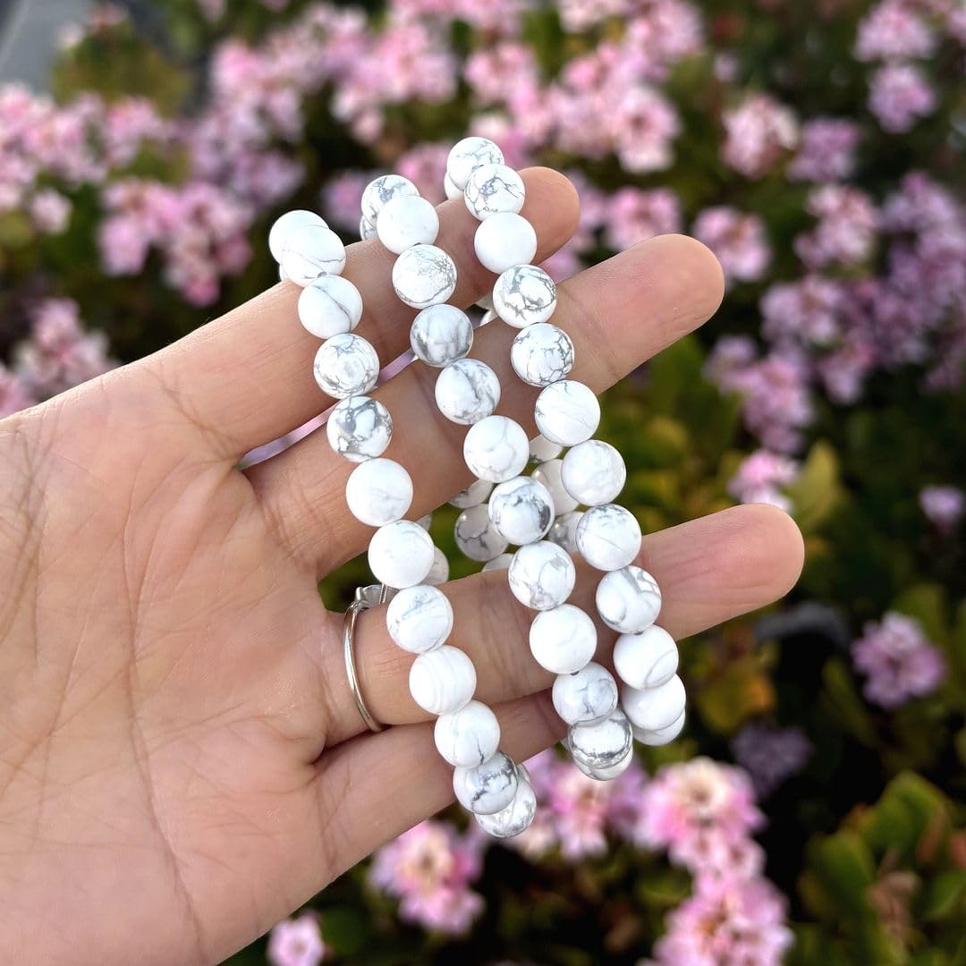 Adabele 1pc Real Natural White Howlite Gemstone Beaded Bracelet 7 inch Stretch Chakra Healing Crystal Stone Jewelry Energy Quartz Rock GB8-23