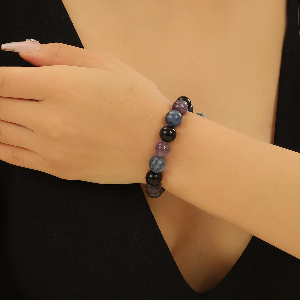 Crystal Vibe Empowerment Strength Confidence Bracelet – Amethyst, Black Obsidian & Sodalite Crystal - 10mm Beaded Bracelets For Men Women – Adjustable Size