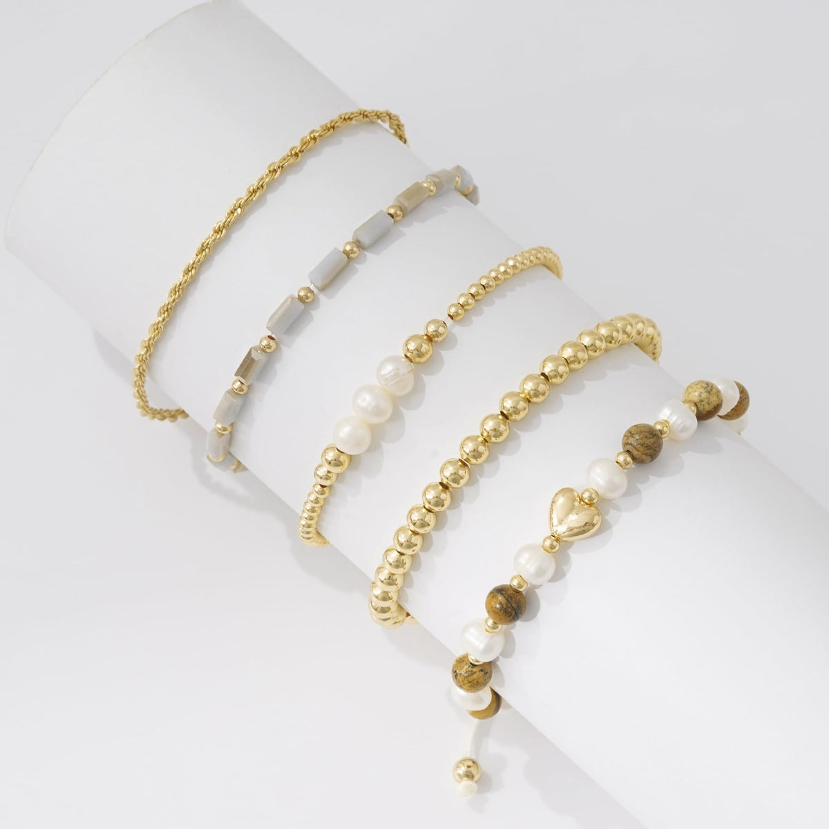 GOOJIDS Tiny Pearl Gold Plated Heart Beaded Bracelets For Women Dainty Gold Plated Pearls Stack Layered Beads Bracelet set for MAMA Birthday Mother's Day