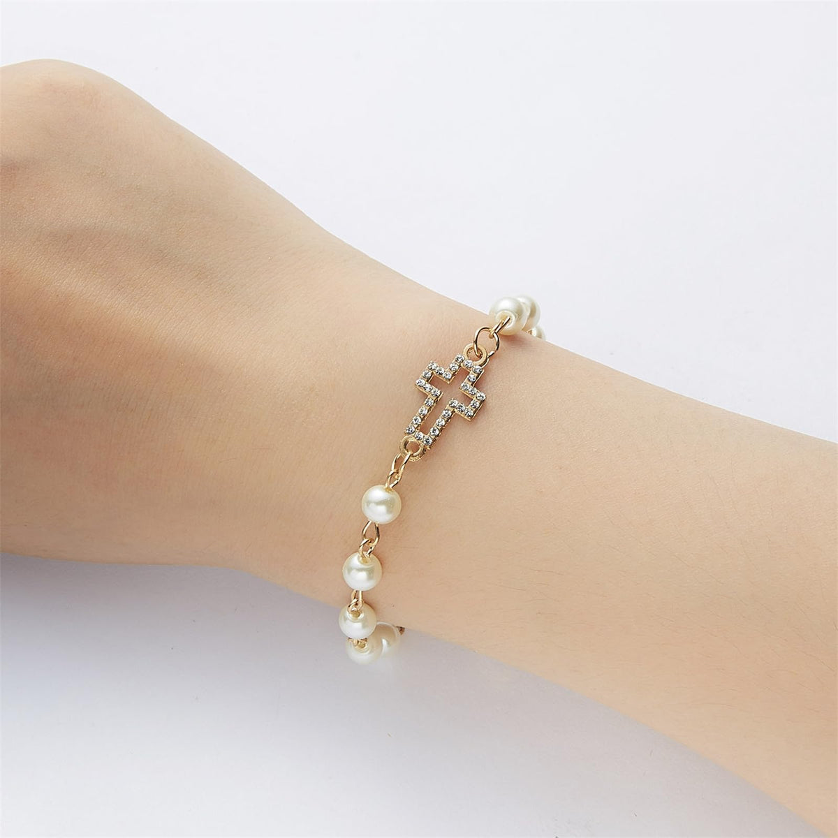 Dreuyet Pearl Beaded Bracelet for Women Trendy Cubic Zirconia Butterfly Starfish Cross Star Statement Bracelets Christmas Wedding Jewelry Gifts (cross)