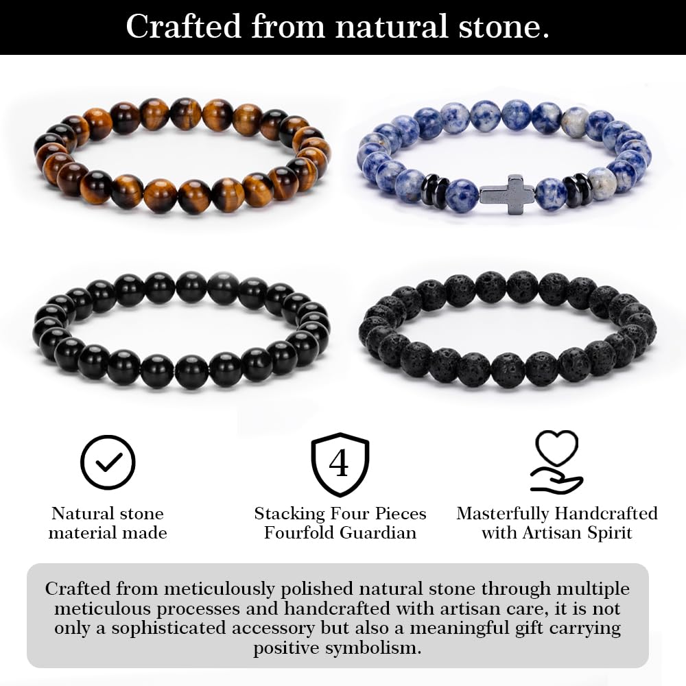 Crystery Men Beaded Bracelets, 8mm Natural Stone Bracelet, Healing Crystal, Jewelry Gifts for men, Triple Protection, Blue Spot Stone, Tiger Eye, Black Obsidian Beads Bracelets, Lava Rock, Pack of 4