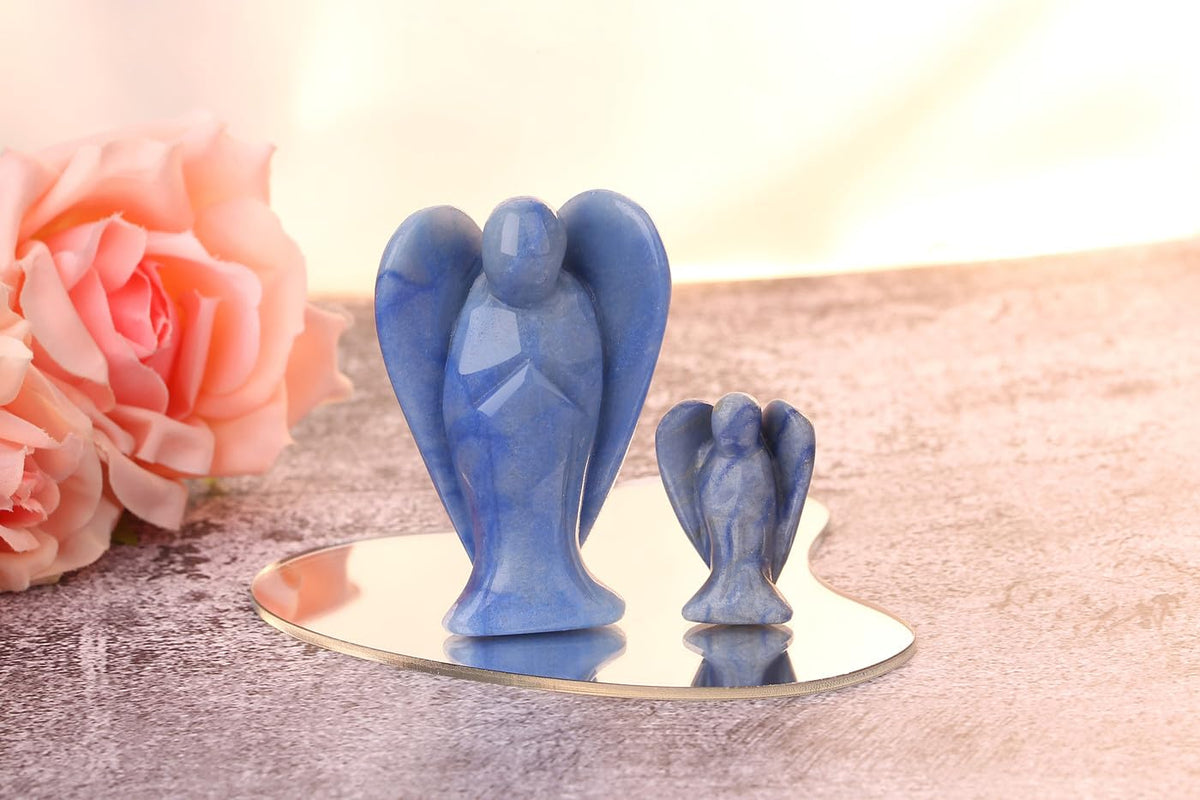 QINJIEJIE 3" Blue Aventurine Crystal Angel Decor Healing Guardian Angel Stone Figurine Natural Gemstone Polished Pocket Big Peace Statue Room Desk Office Decorations Meditation Gift for Women