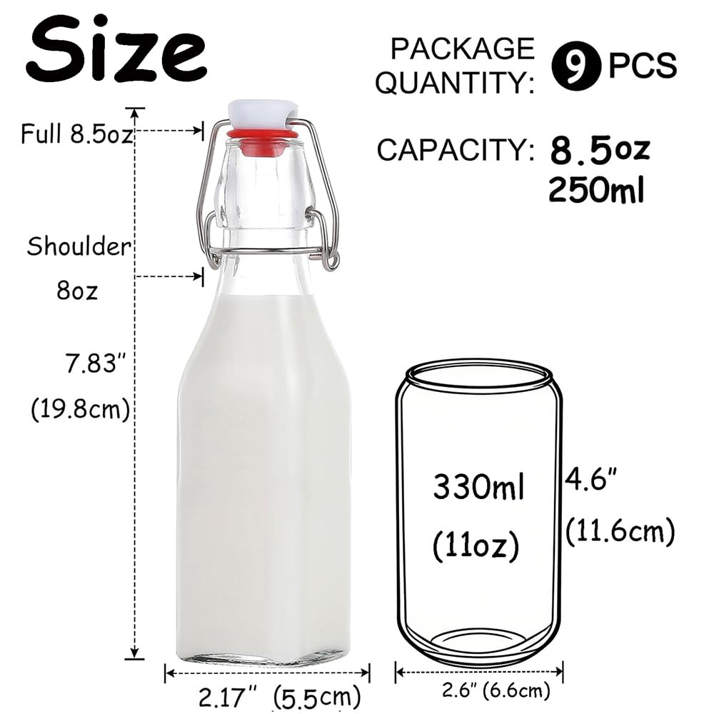 ZEBEIYU Swing Top Glass Bottles 8 oz with Airtight Lids for Home Brewing, Kombucha, Kefir, Vanilla Extract, Beer, Oil, Vinegar, Homemade Juices, Water,Soda Set of 9