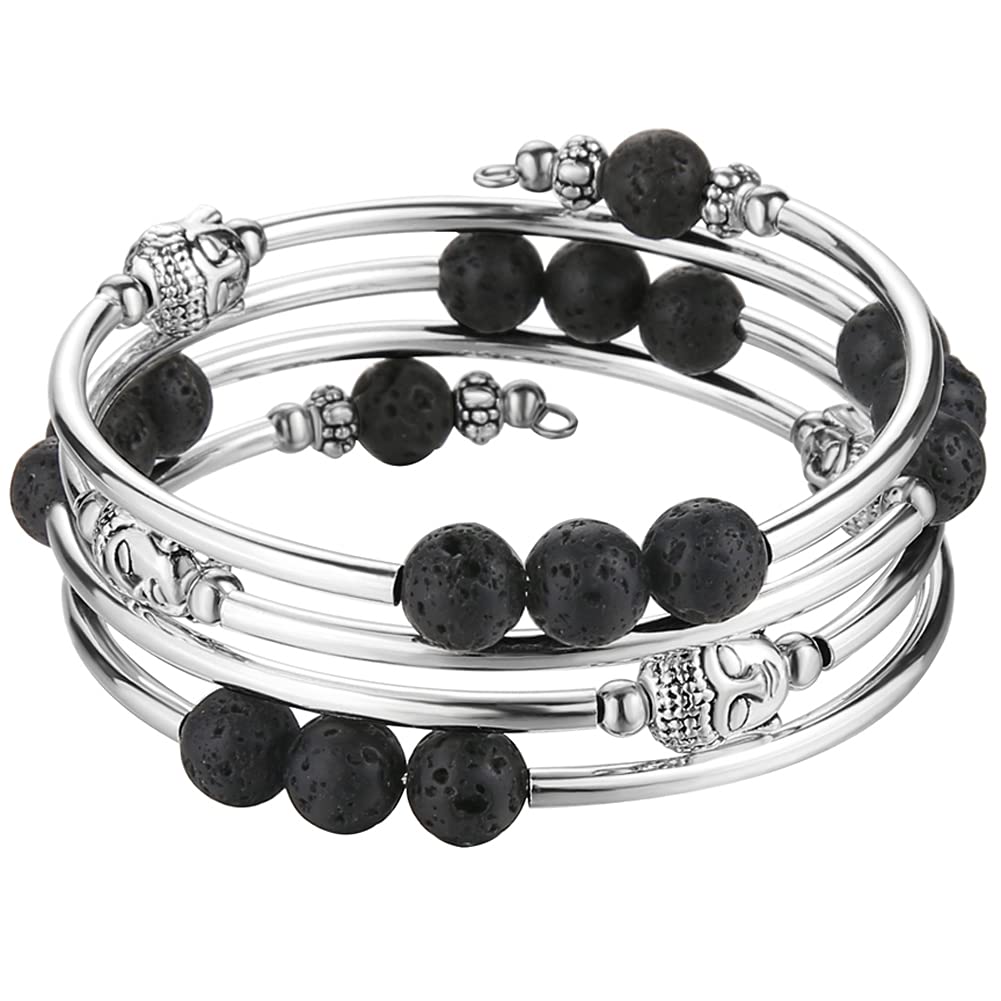 PEARL&CLUB Beaded Chakra Bangle Turquoise Bracelet - Fashion Jewelry Wrap Bracelet with Thick Silver Metal and Mala Beads, Birthday Gifts For Women(58-lava bead)